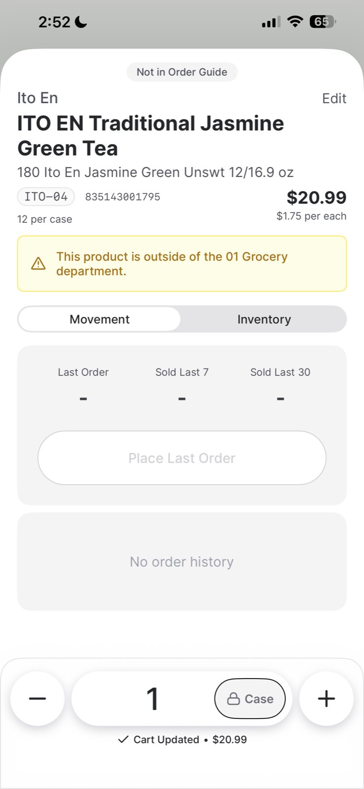 Product Order Details page showing a flag that the product is outside the 01 Grocery department