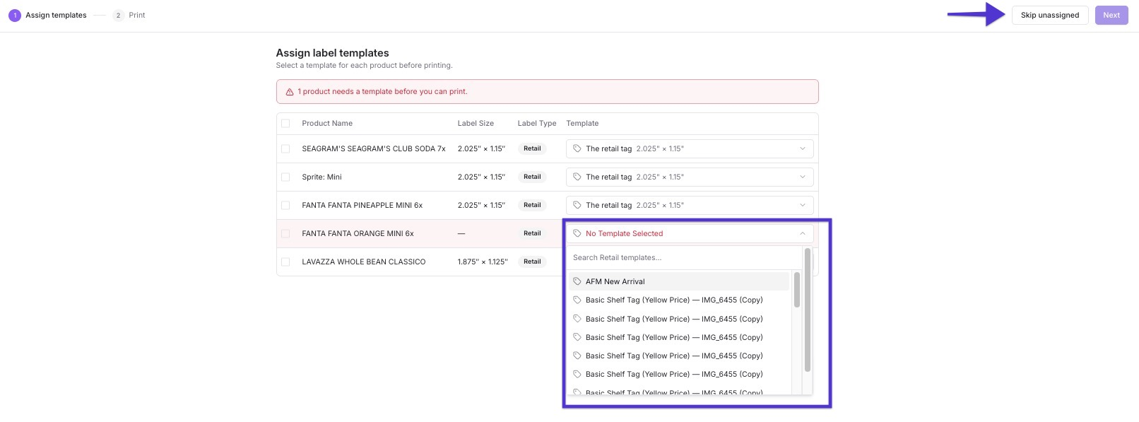 Assign templates review screen with an unassigned product flagged and the Skip unassigned option highlighted