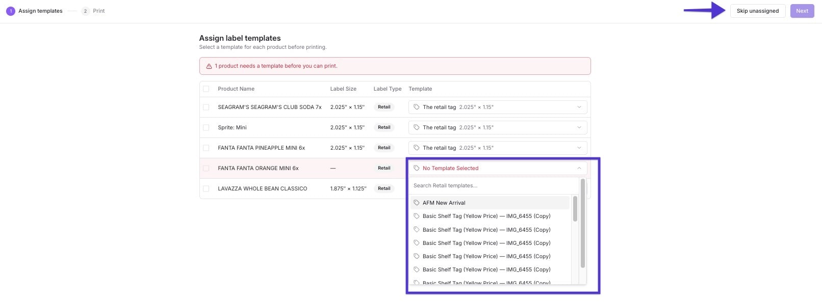 Assign templates review screen with an unassigned product flagged and the Skip unassigned option highlighted