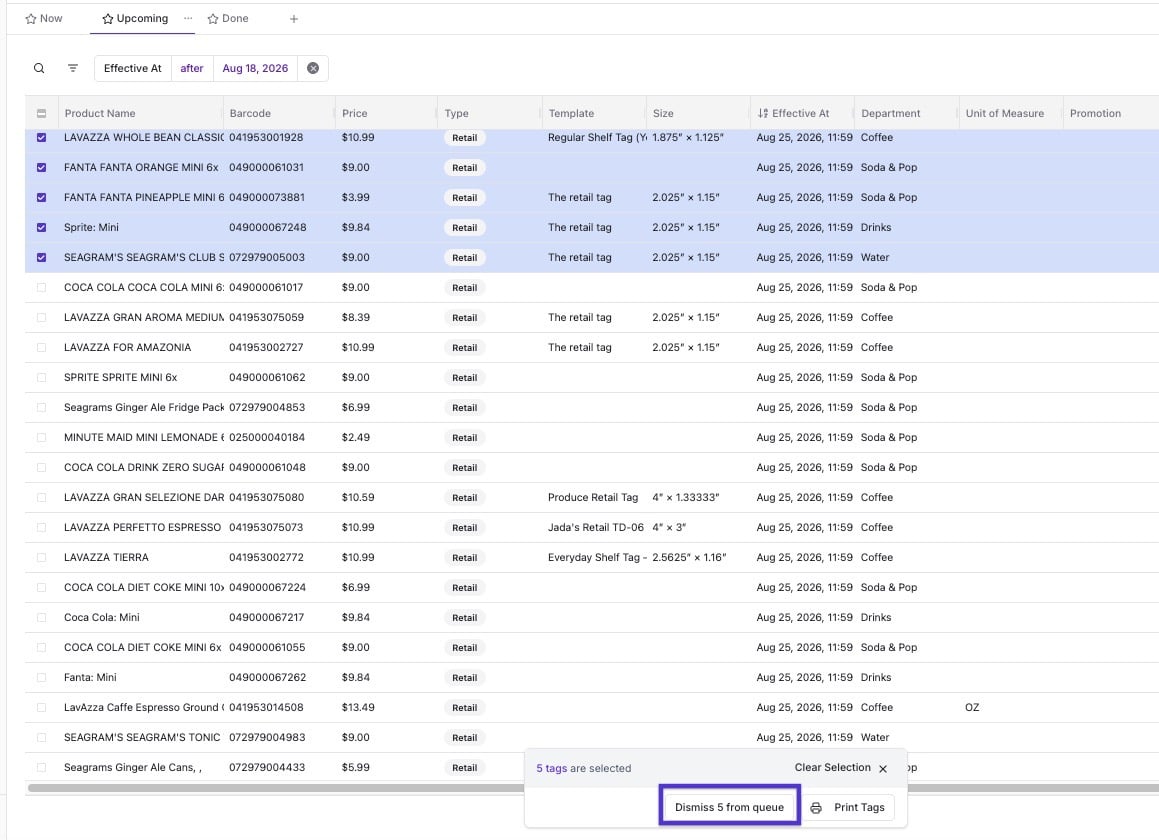 Dismiss from queue button highlighted after selecting a smaller batch of tags
