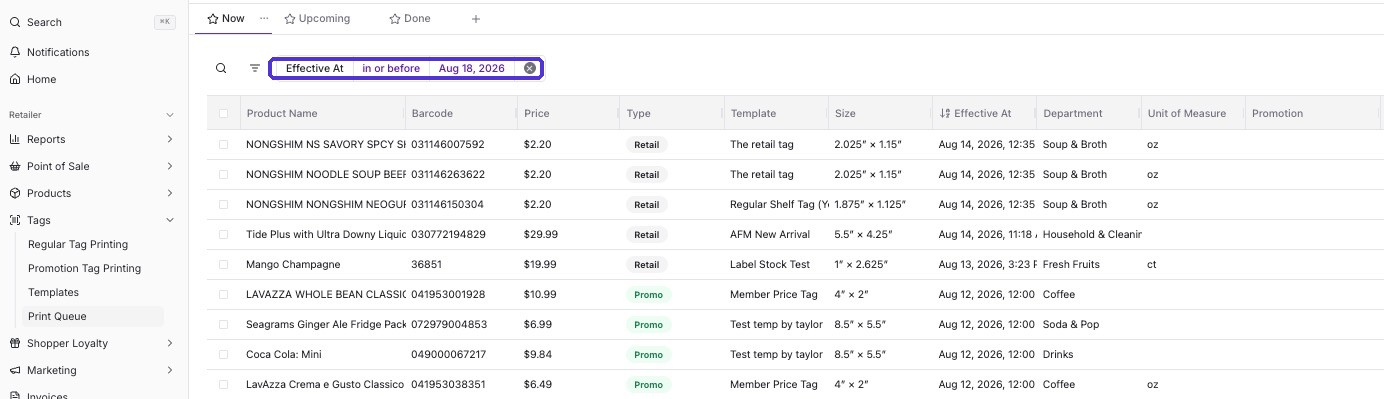 Now view filtered by Effective At in or before a chosen date