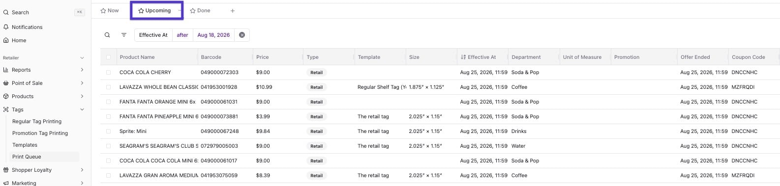 Upcoming view filtered by Effective At after a chosen date