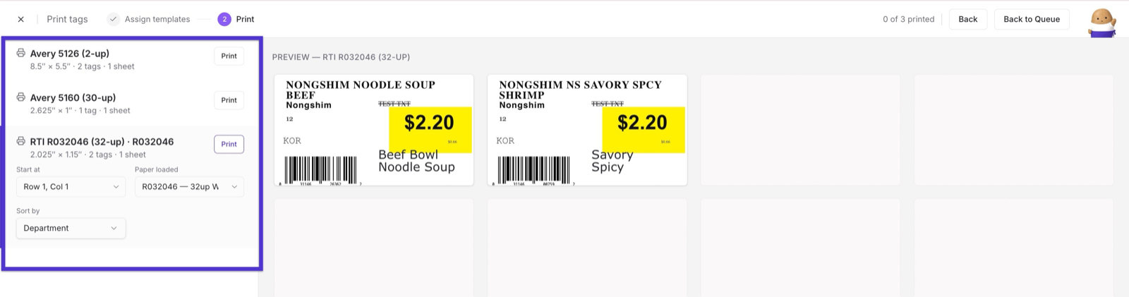 Print screen with controls for starting position, paper loaded, and sort order across multiple queued jobs