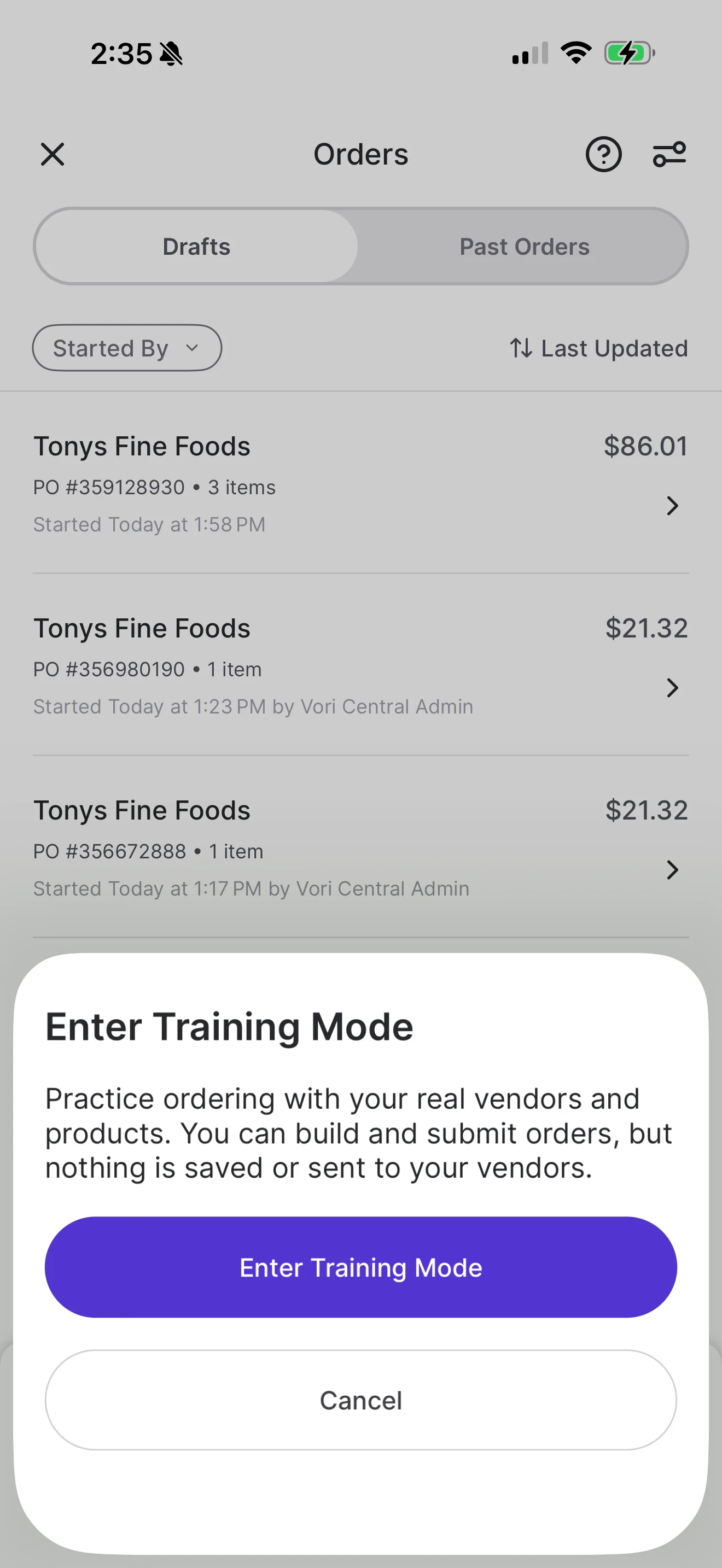 Enter Training Mode prompt explaining that you can practice ordering with real vendors and products without anything being saved or sent, with Enter Training Mode and Cancel buttons