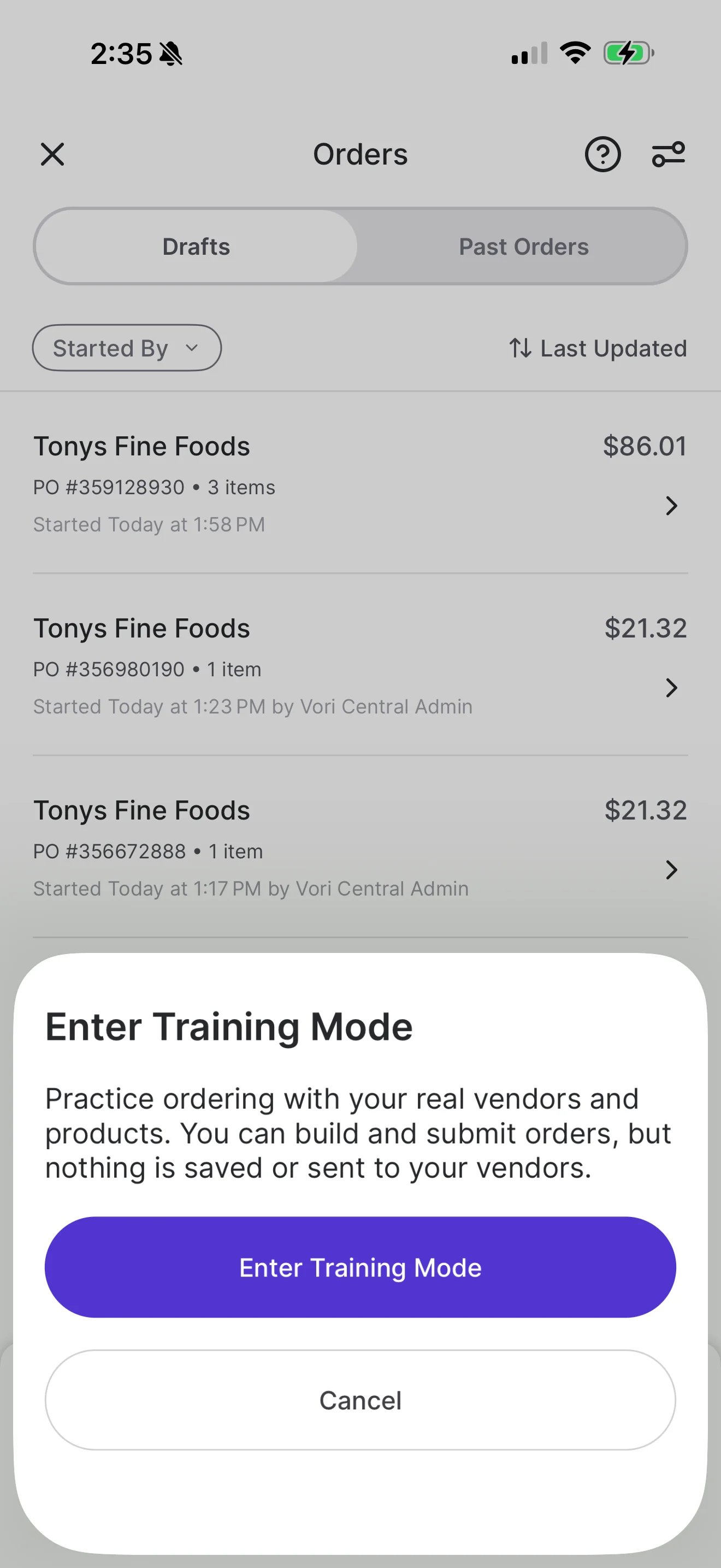 Enter Training Mode prompt explaining that you can practice ordering with real vendors and products without anything being saved or sent, with Enter Training Mode and Cancel buttons