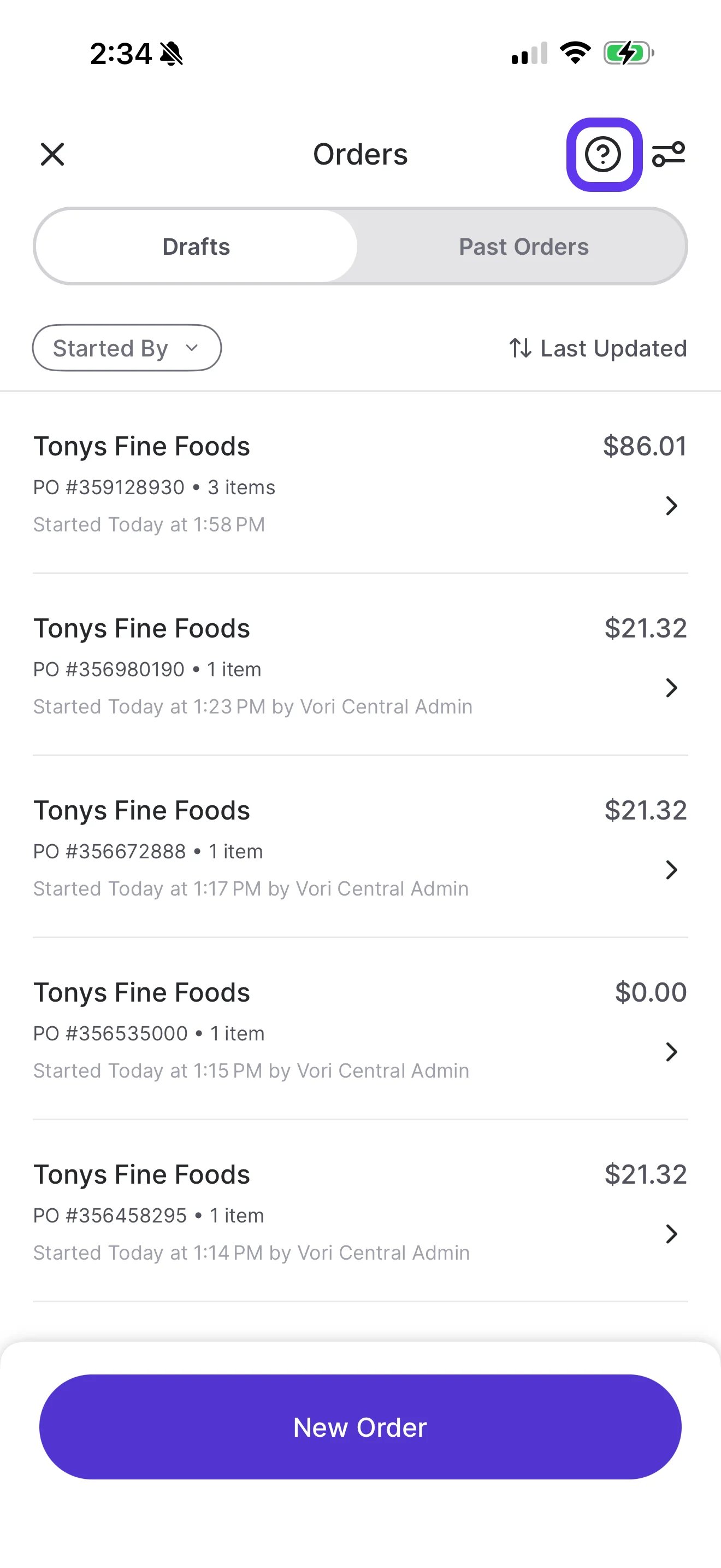 Orders screen with Drafts and Past Orders tabs, a list of draft vendor orders, a New Order button, and the help icon in the top right highlighted