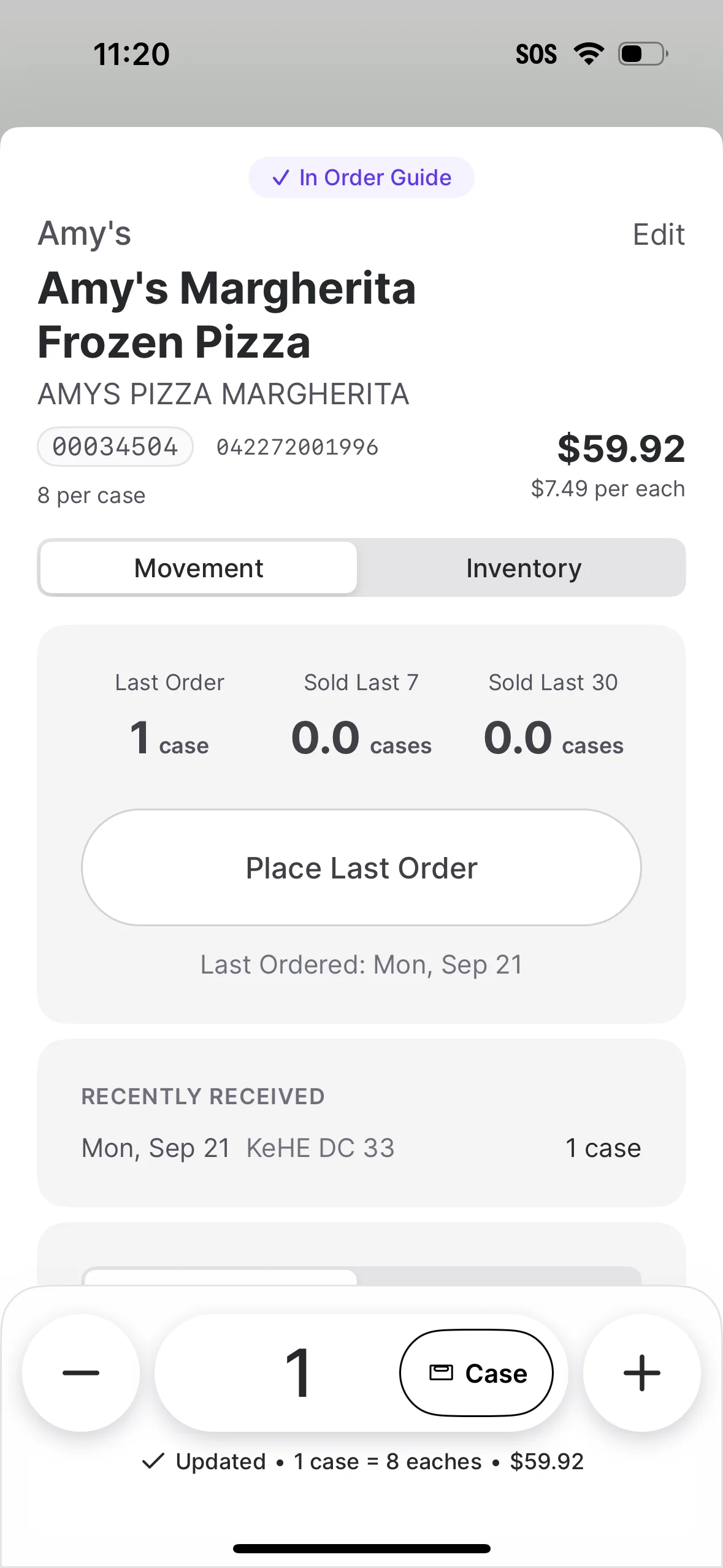 Product Order Details page for Amy's Margherita Frozen Pizza showing case cost, Movement and Inventory tabs, last order and sales data, a Place Last Order button, recently received deliveries, and quantity controls set to 1 case