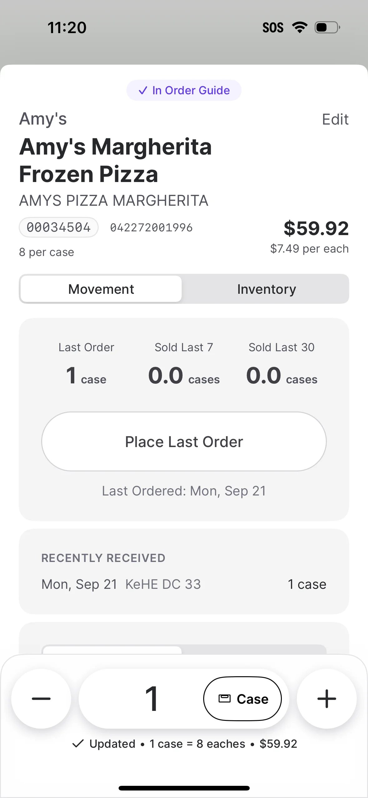 Product Order Details page for Amy's Margherita Frozen Pizza showing case cost, Movement and Inventory tabs, last order and sales data, a Place Last Order button, recently received deliveries, and quantity controls set to 1 case