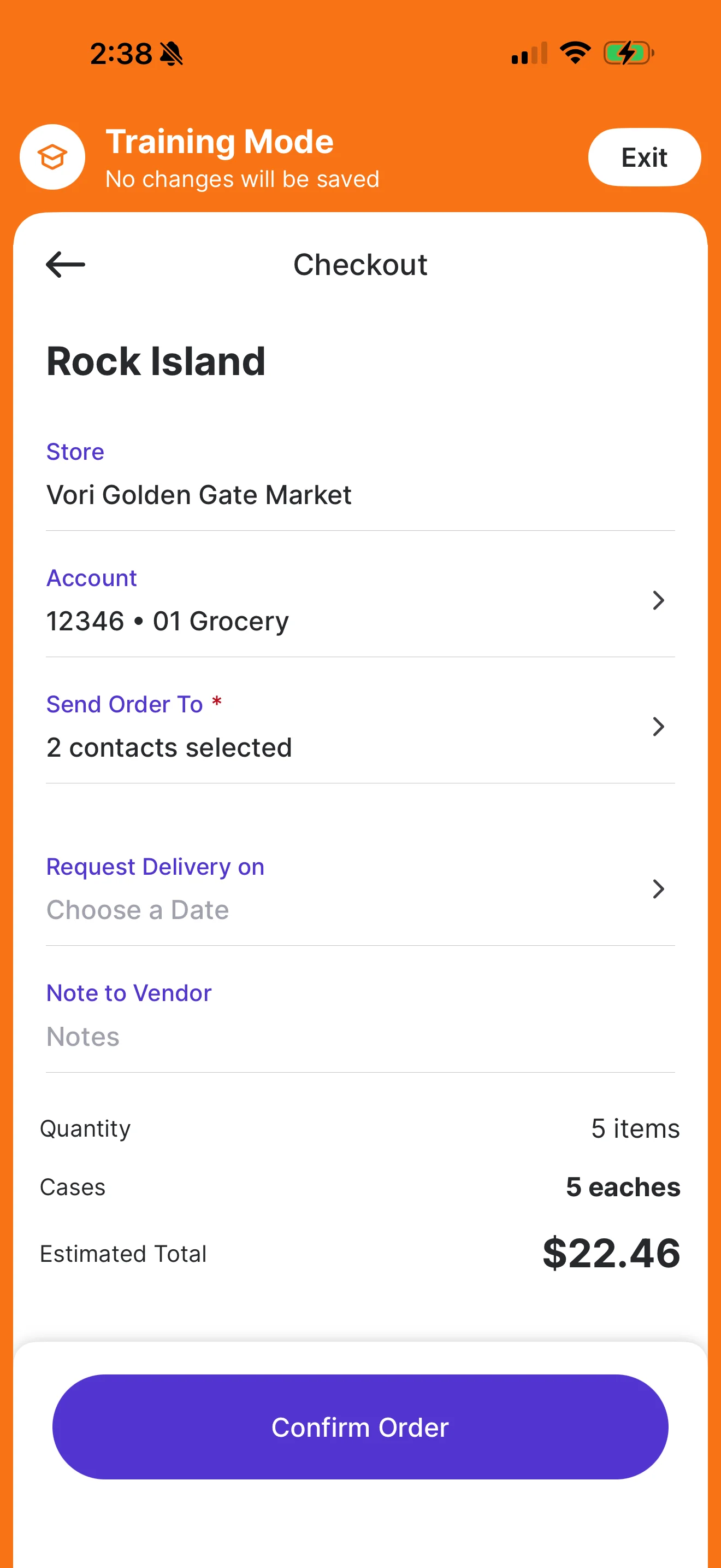 Training Mode Checkout screen for Rock Island showing store, account, Send Order To contacts, Request Delivery on date picker, Note to Vendor, order totals, and a Confirm Order button