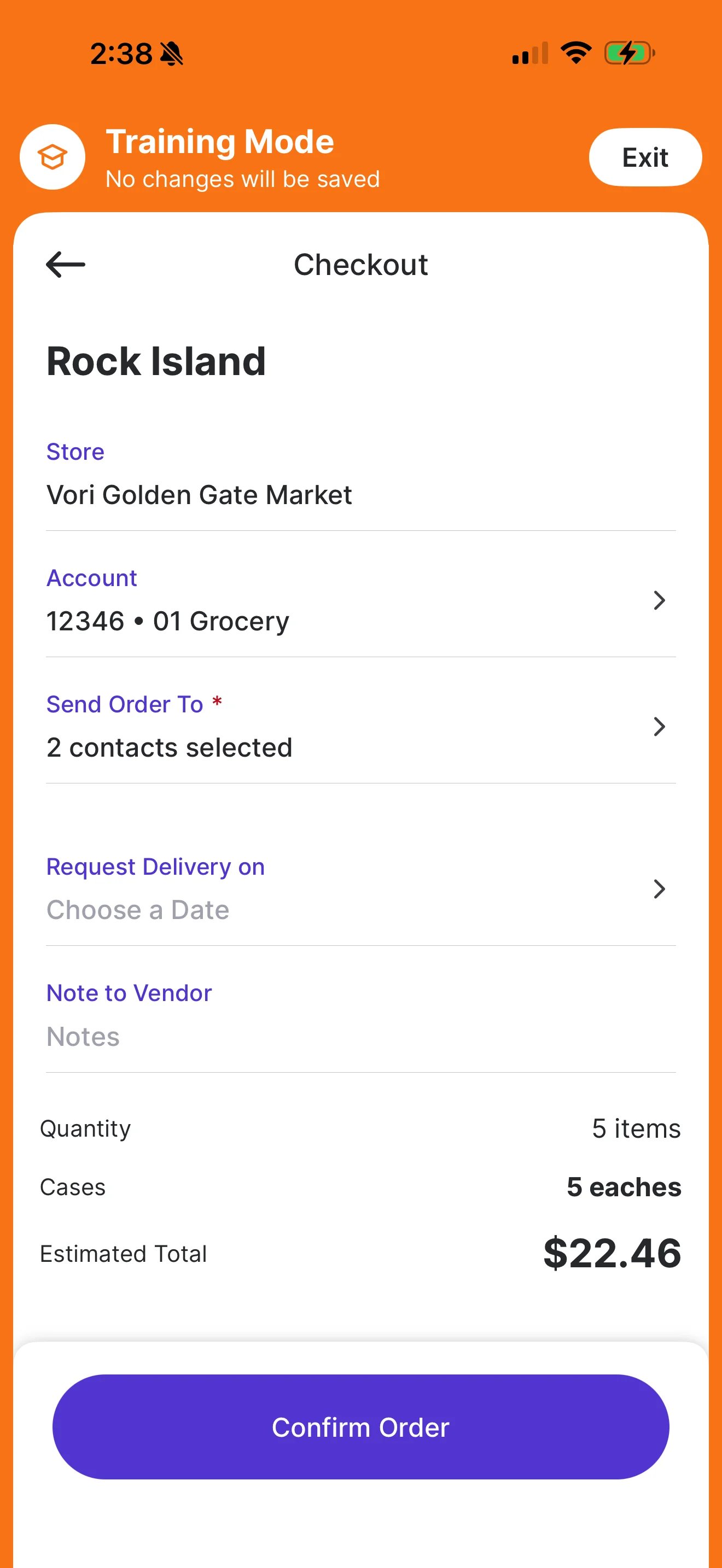 Training Mode Checkout screen for Rock Island showing store, account, Send Order To contacts, Request Delivery on date picker, Note to Vendor, order totals, and a Confirm Order button
