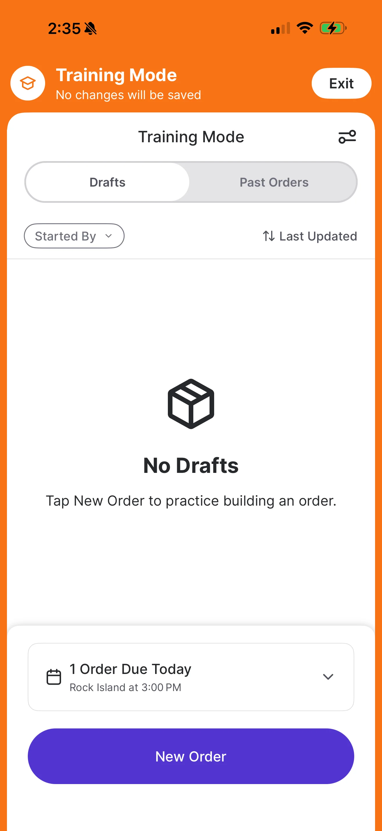 Training Mode screen with an orange No changes will be saved banner, an Exit button, a No Drafts empty state, an Order Due Today reminder, and a New Order button