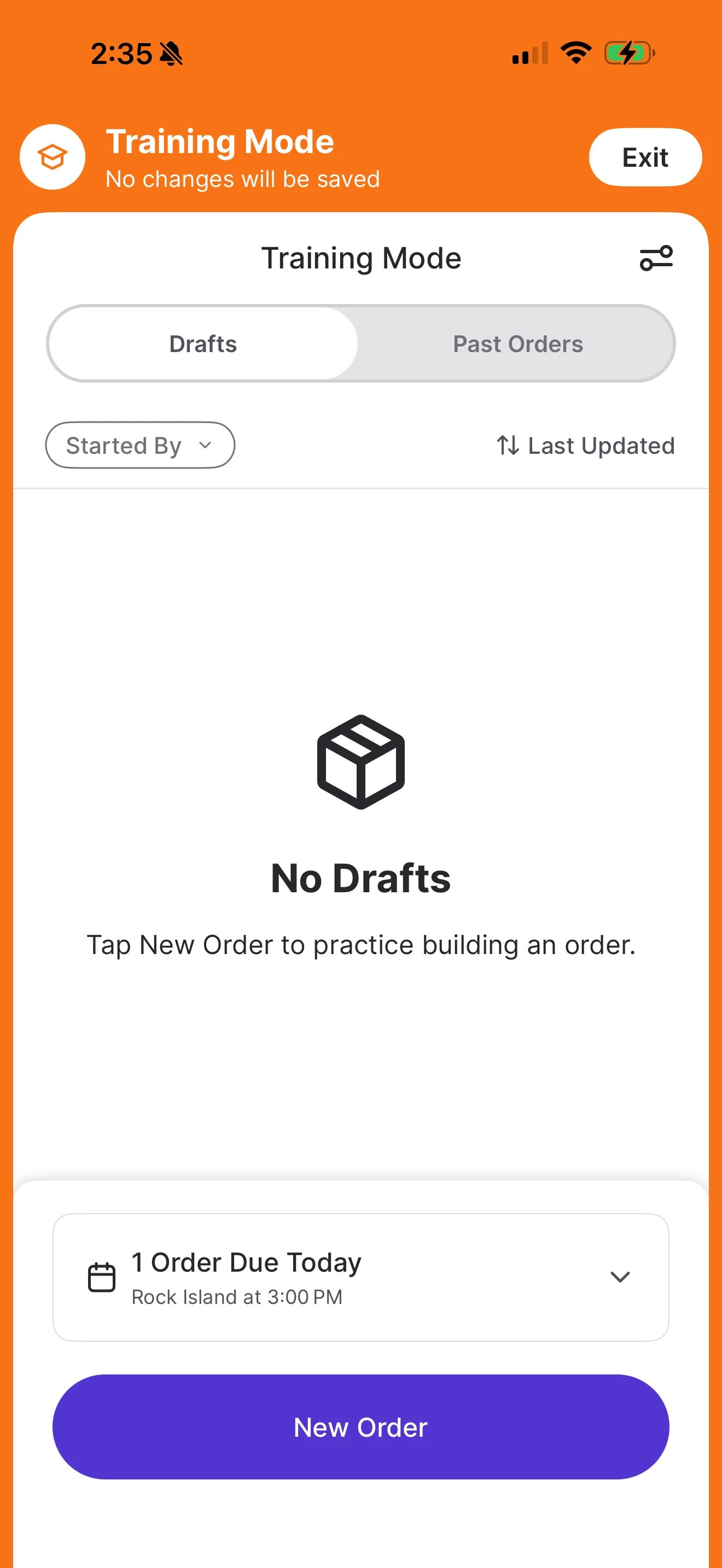 Training Mode screen with an orange No changes will be saved banner, an Exit button, a No Drafts empty state, an Order Due Today reminder, and a New Order button