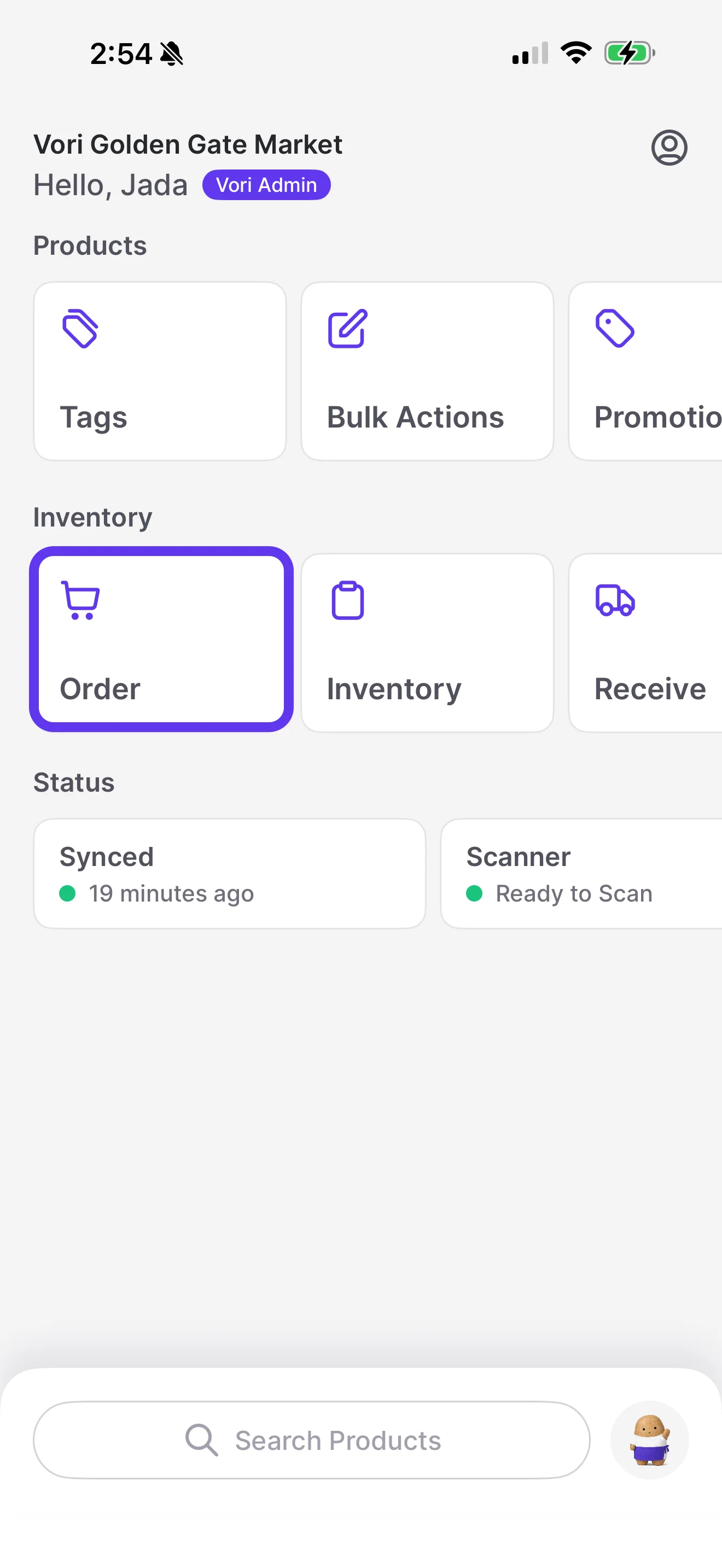VoriOS home screen with Products, Inventory, and Status sections, with the Order tile under Inventory highlighted