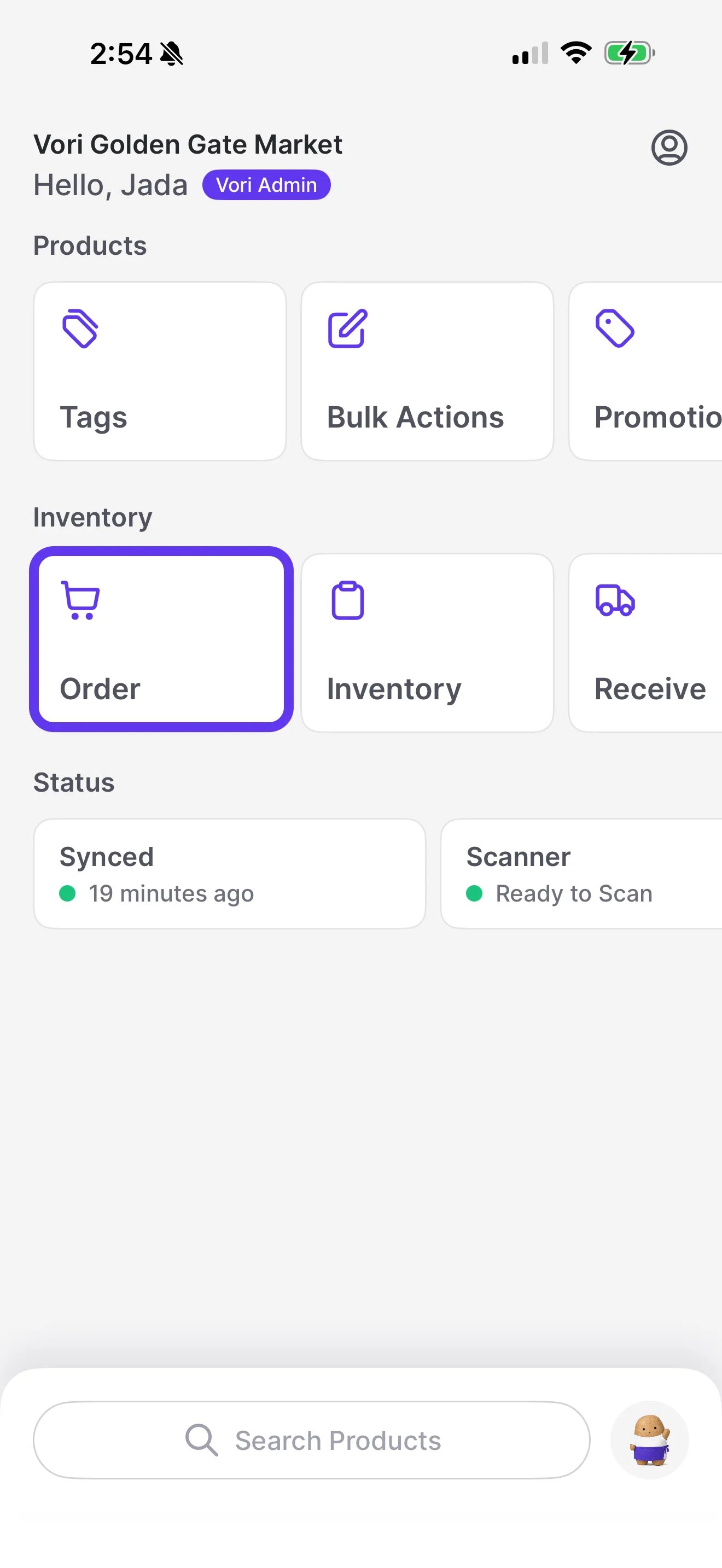 VoriOS home screen with Products, Inventory, and Status sections, with the Order tile under Inventory highlighted