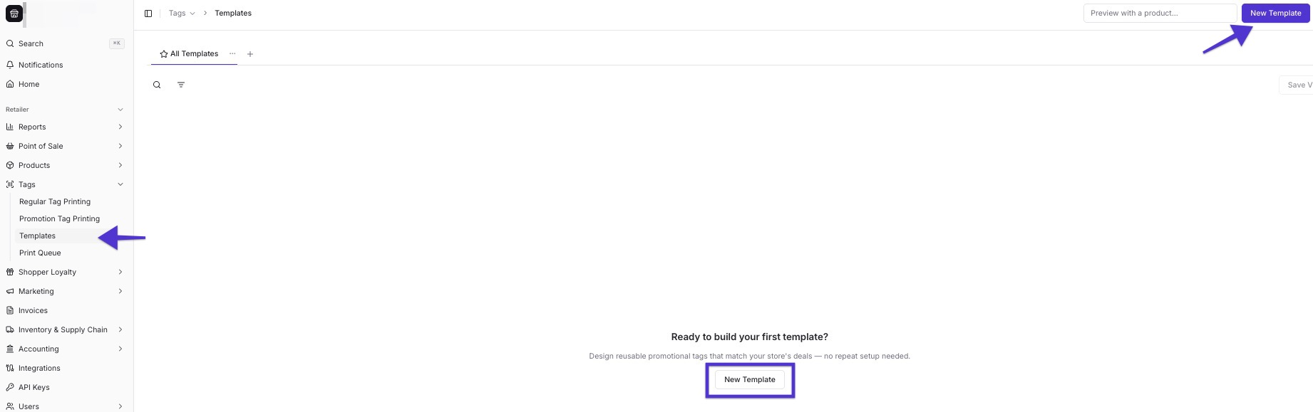 The Templates page under Tags in the left-hand menu, with the New Template button highlighted