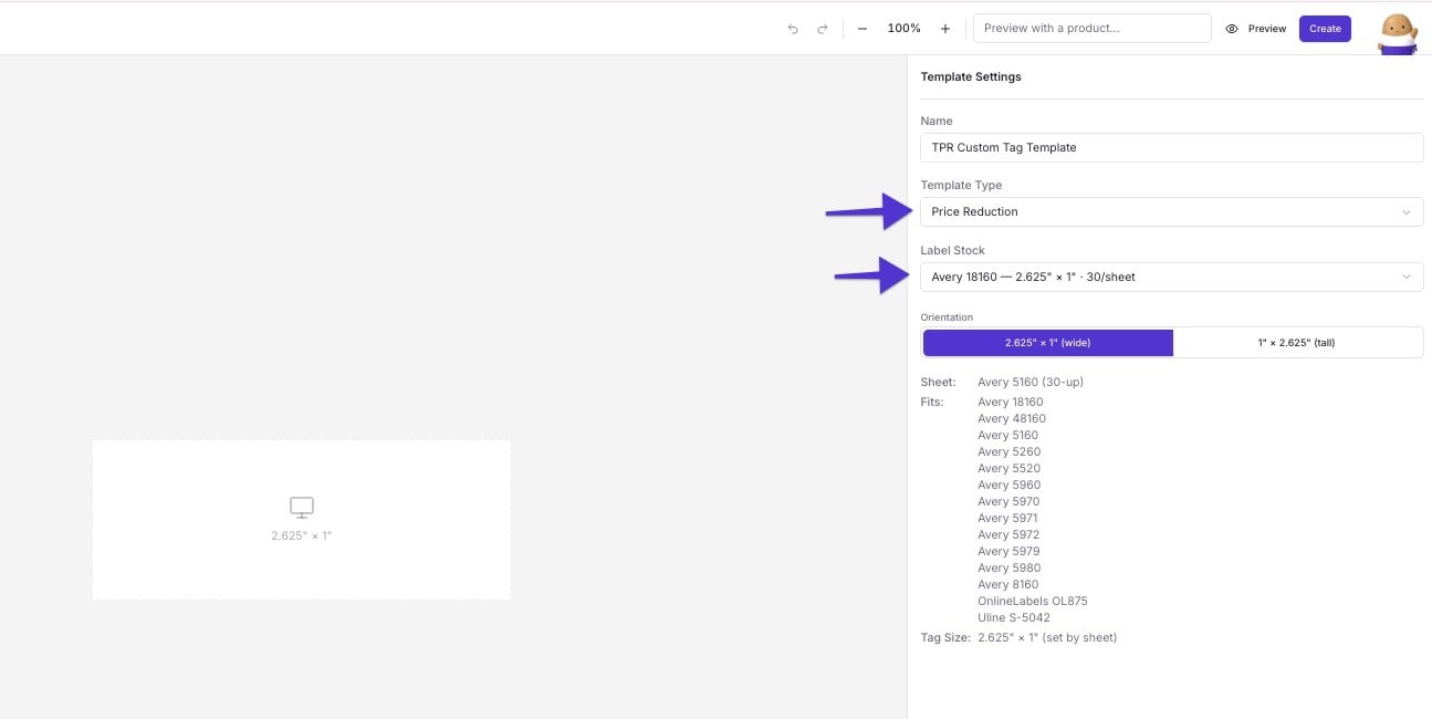 Template Settings panel showing the Template Type and Label Stock fields highlighted
