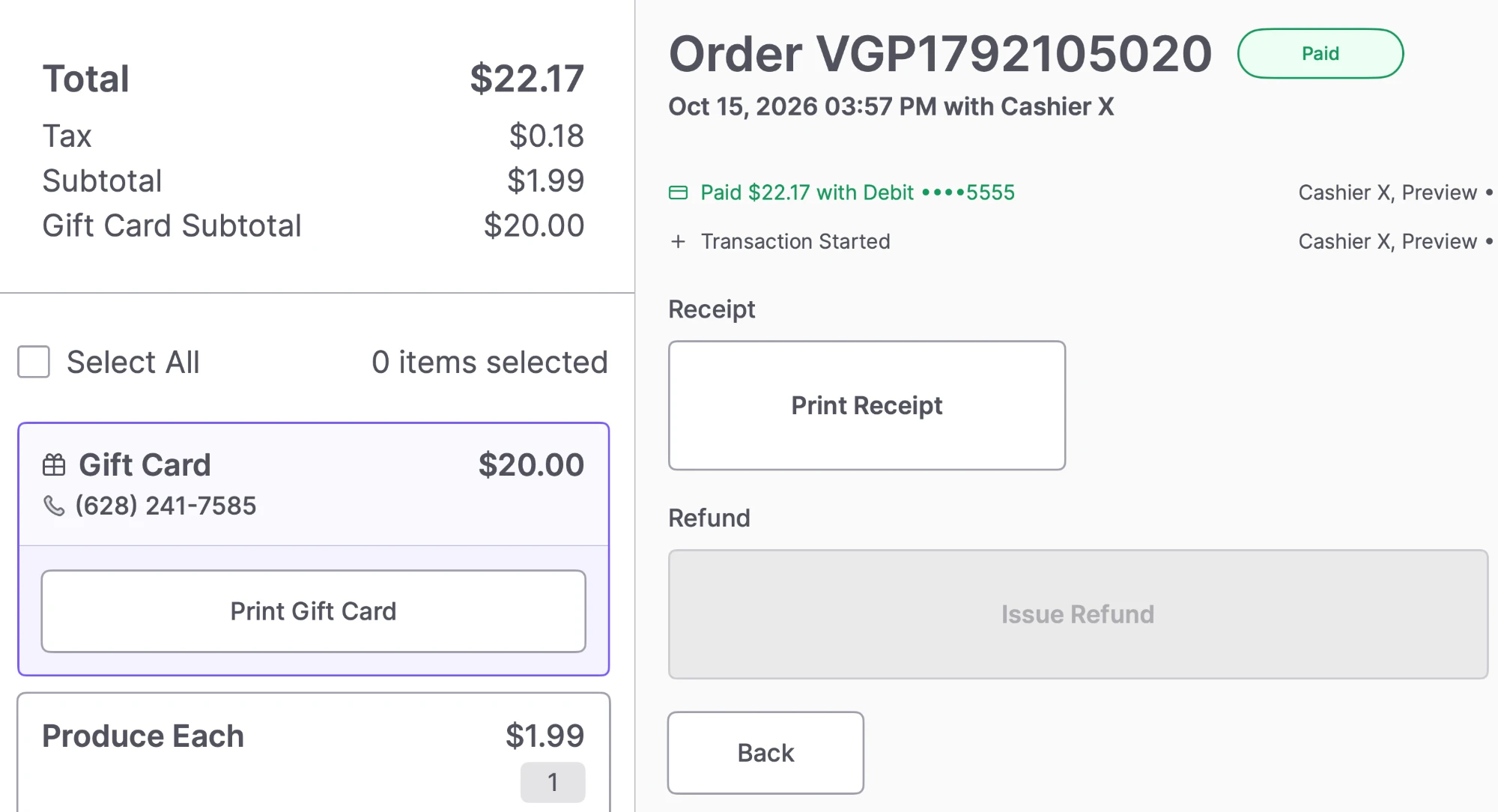 Print Gift Card button on an order in Orders