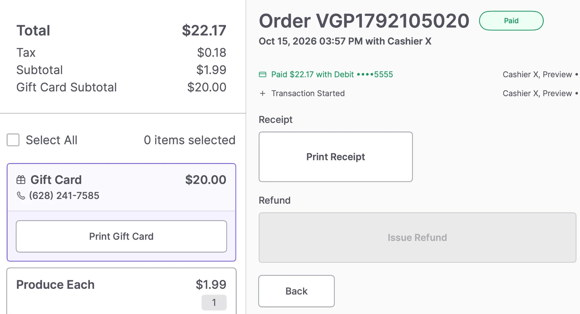 Print Gift Card button on an order in Orders