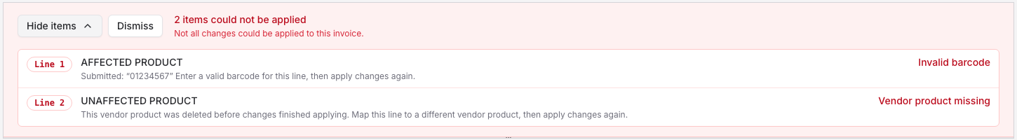 Expanded banner listing two failed lines with Invalid barcode and Vendor product missing errors