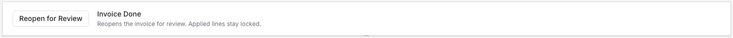 Invoice Done banner with a Reopen for Review button