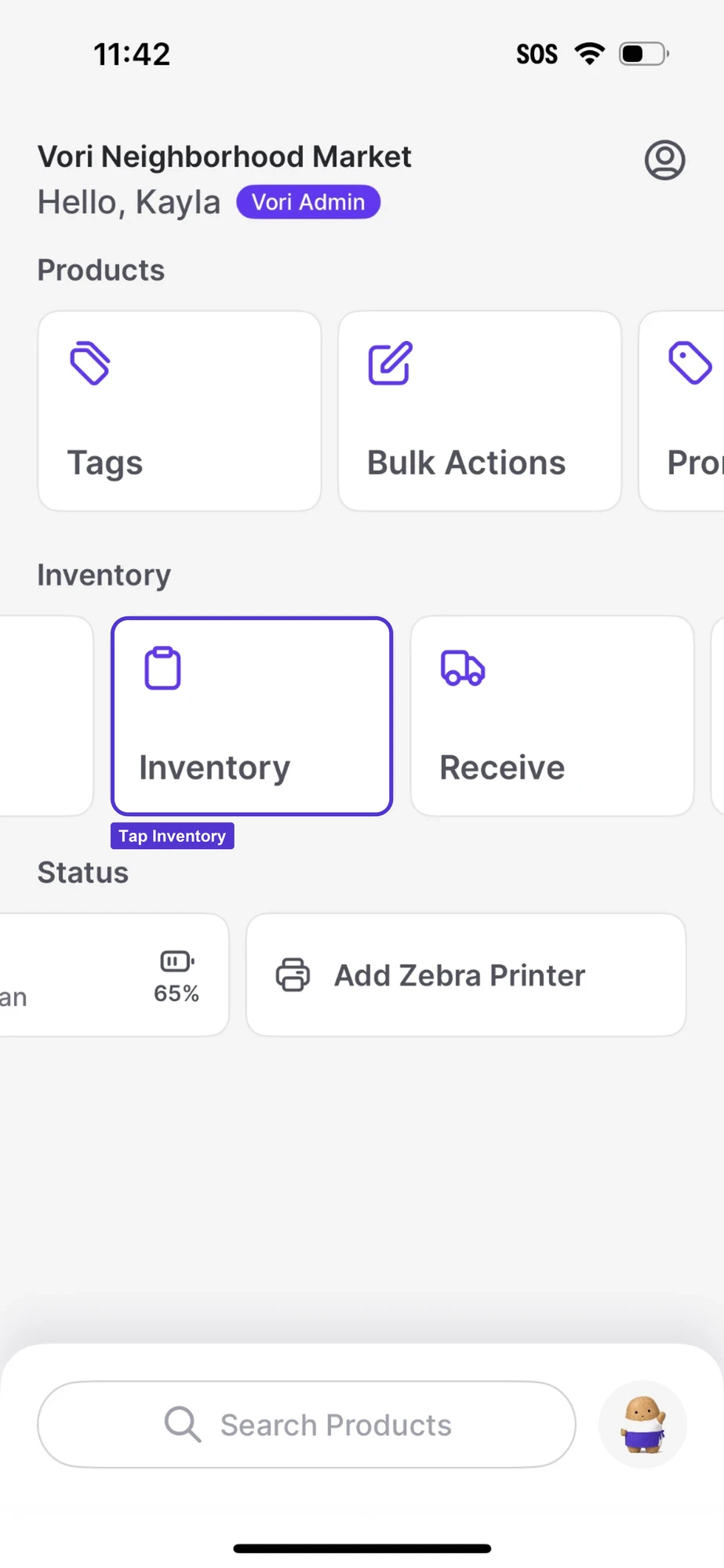 Vori operating system home screen with Products, Inventory, and Status sections, and the Inventory tile highlighted with a Tap Inventory label