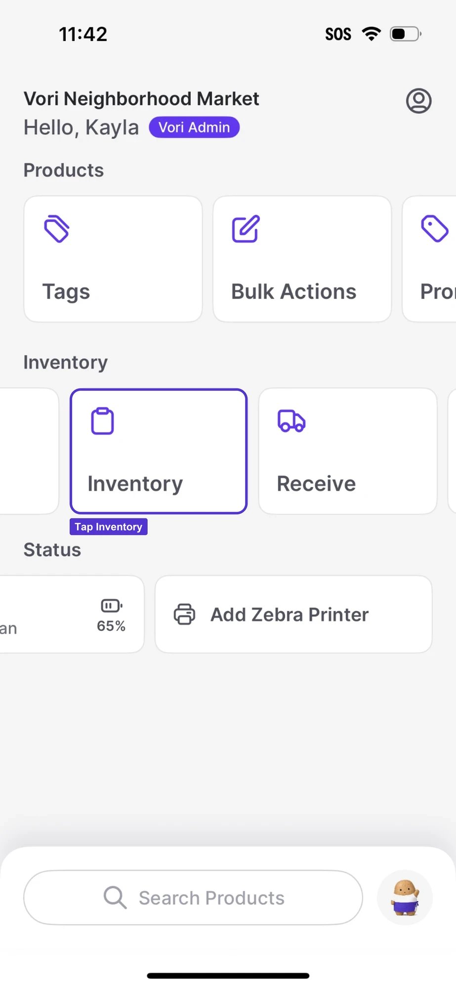 Vori operating system home screen with Products, Inventory, and Status sections, and the Inventory tile highlighted with a Tap Inventory label