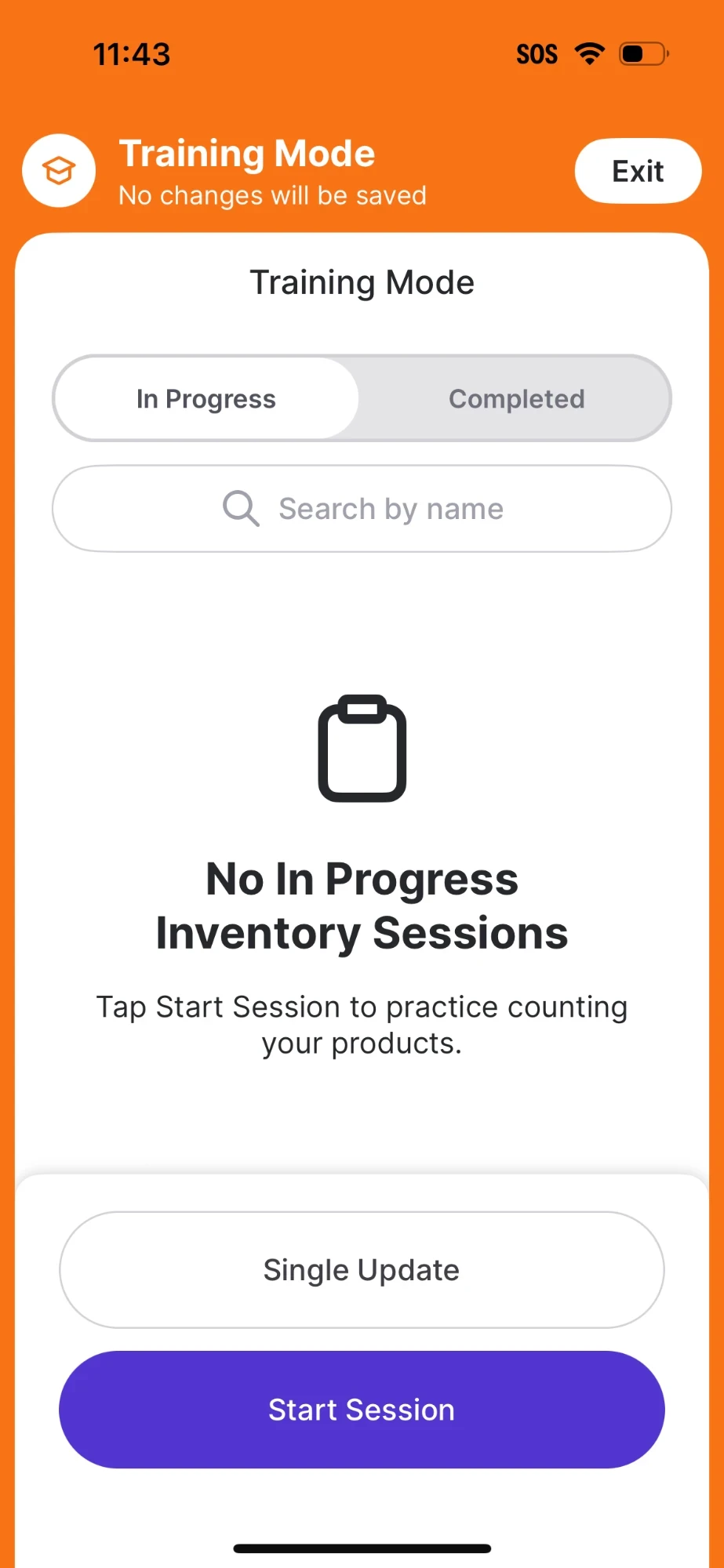 Training Mode screen with an orange No changes will be saved banner, an Exit button, a No In Progress Inventory Sessions empty state, and Single Update and Start Session buttons