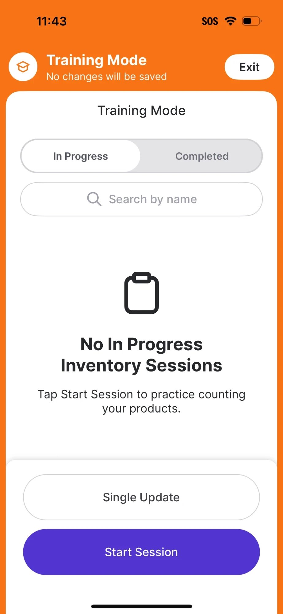 Training Mode screen with an orange No changes will be saved banner, an Exit button, a No In Progress Inventory Sessions empty state, and Single Update and Start Session buttons