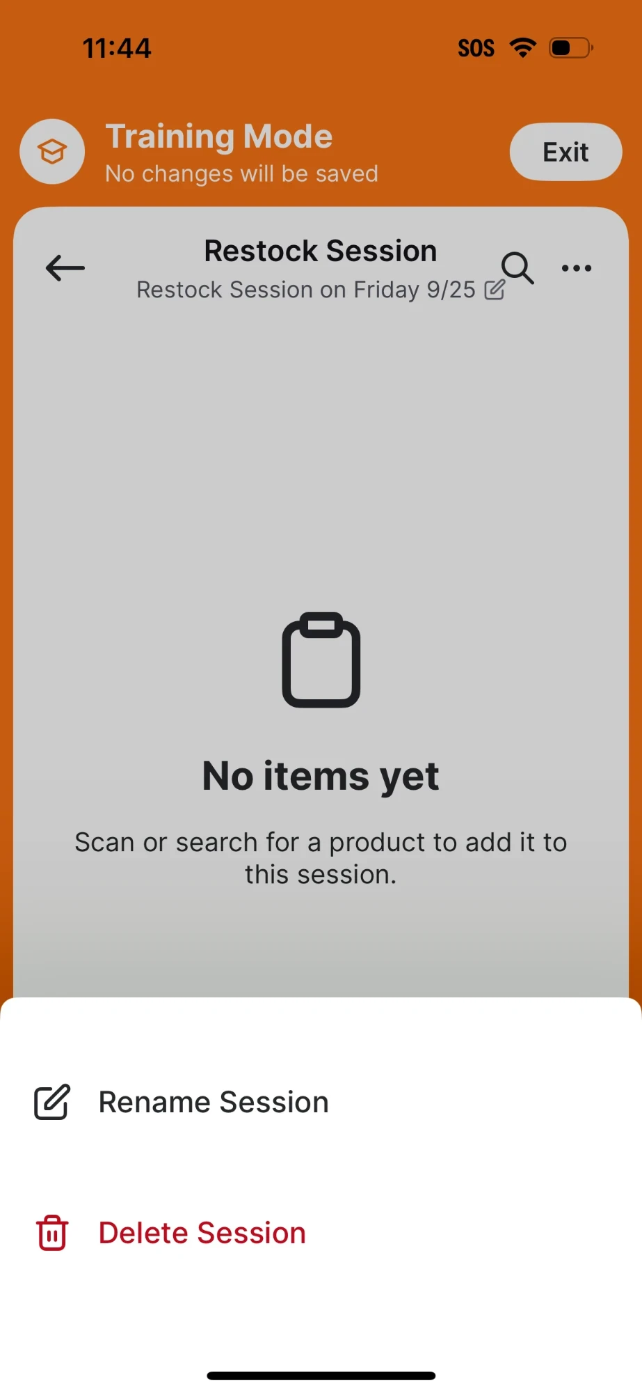 Training Mode session options menu with Rename Session and Delete Session
