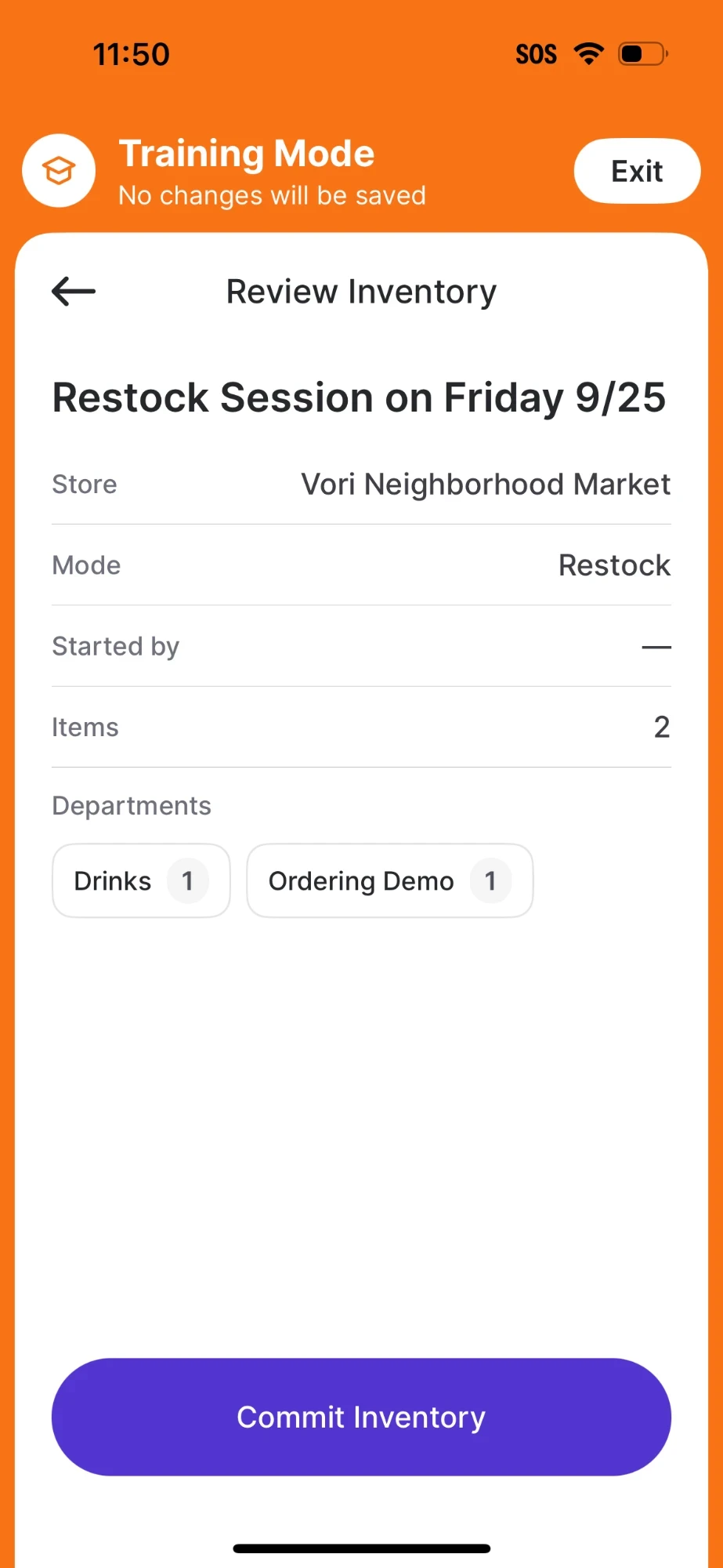 Training Mode Review Inventory screen for Restock Session on Friday 9/25 showing store, Restock mode, 2 items, Drinks and Ordering Demo departments, and a Commit Inventory button