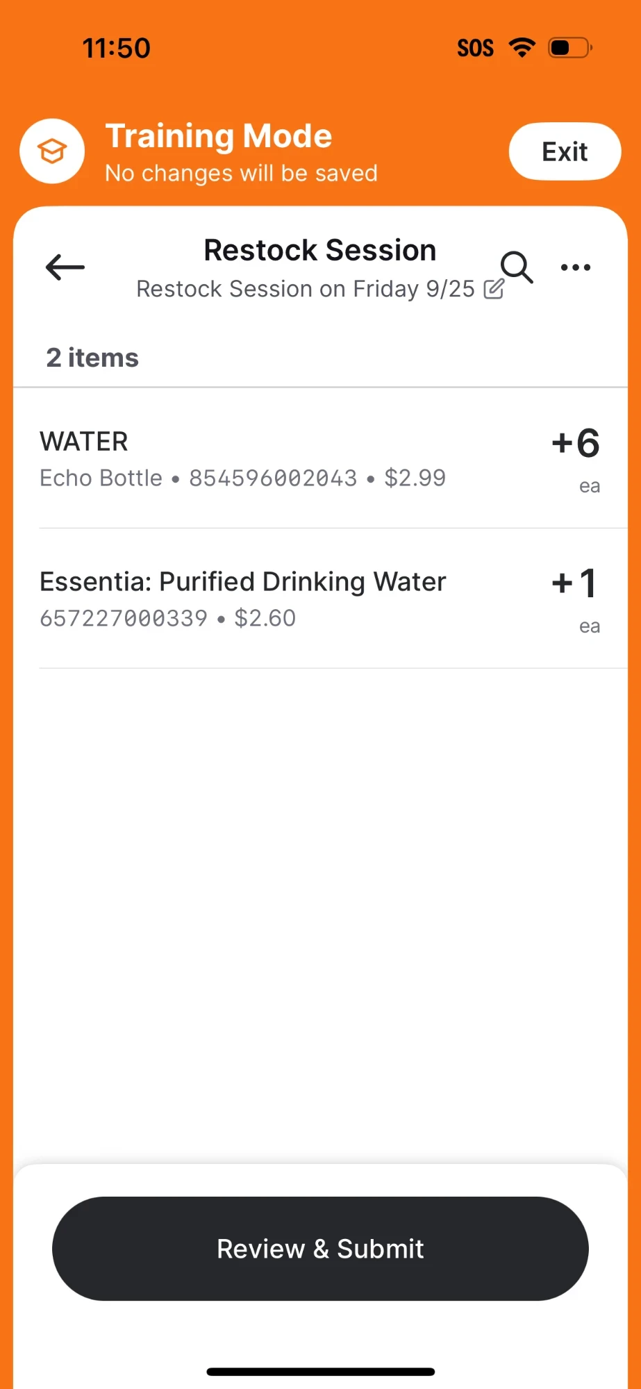 Training Mode Restock Session with 2 items: WATER Echo Bottle at +6 ea and Essentia Purified Drinking Water at +1 ea, and a Review & Submit button