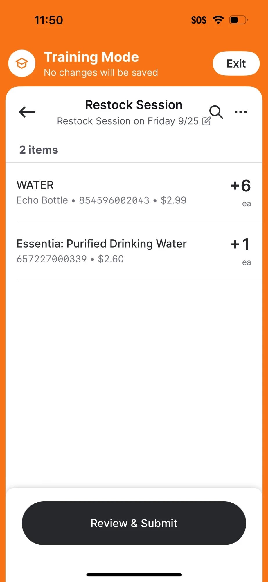 Training Mode Restock Session with 2 items: WATER Echo Bottle at +6 ea and Essentia Purified Drinking Water at +1 ea, and a Review & Submit button
