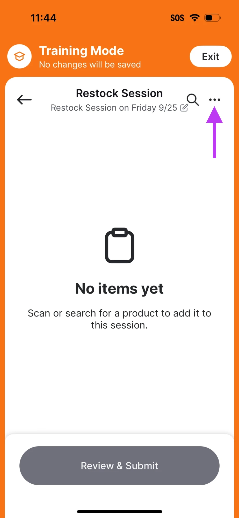 Training Mode Restock Session screen with an arrow pointing to the more options icon in the top right