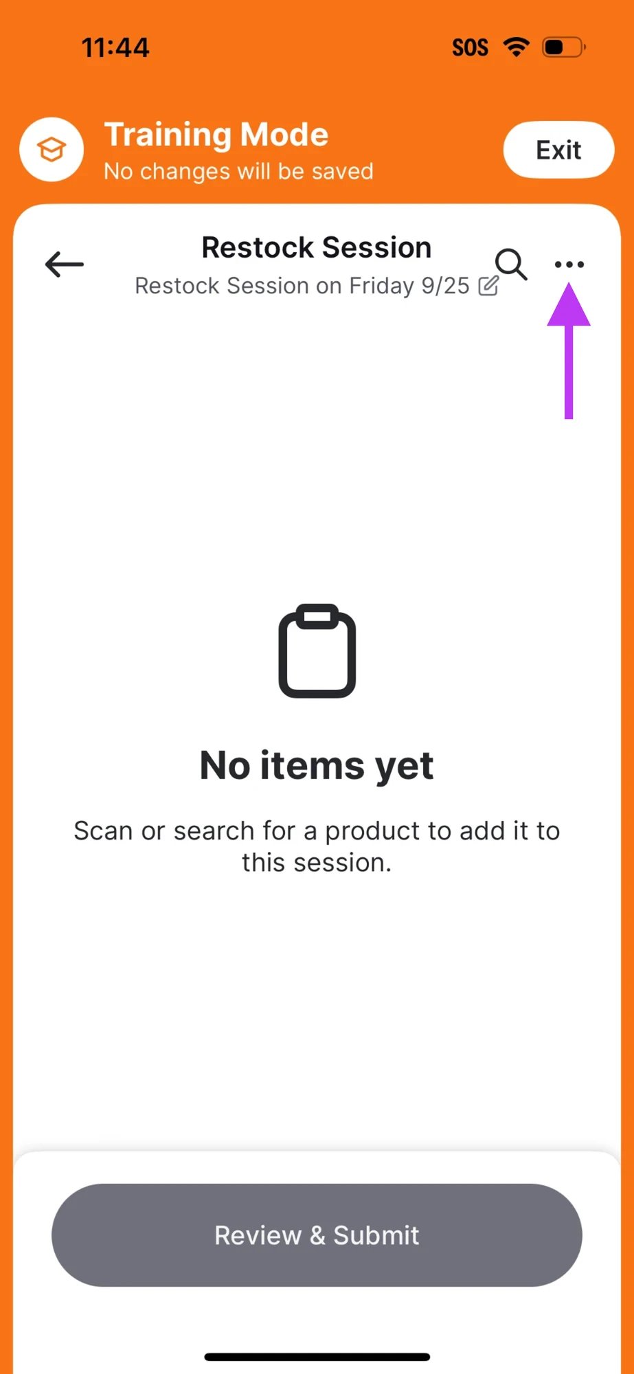 Training Mode Restock Session screen with an arrow pointing to the more options icon in the top right