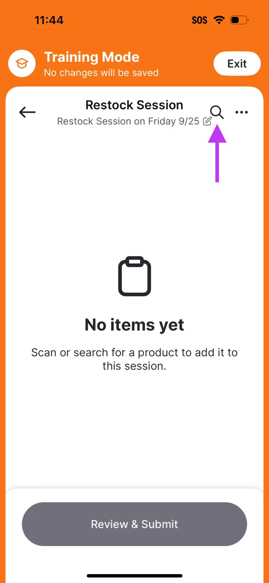 Training Mode Restock Session screen with a No items yet empty state and an arrow pointing to the search icon in the top right
