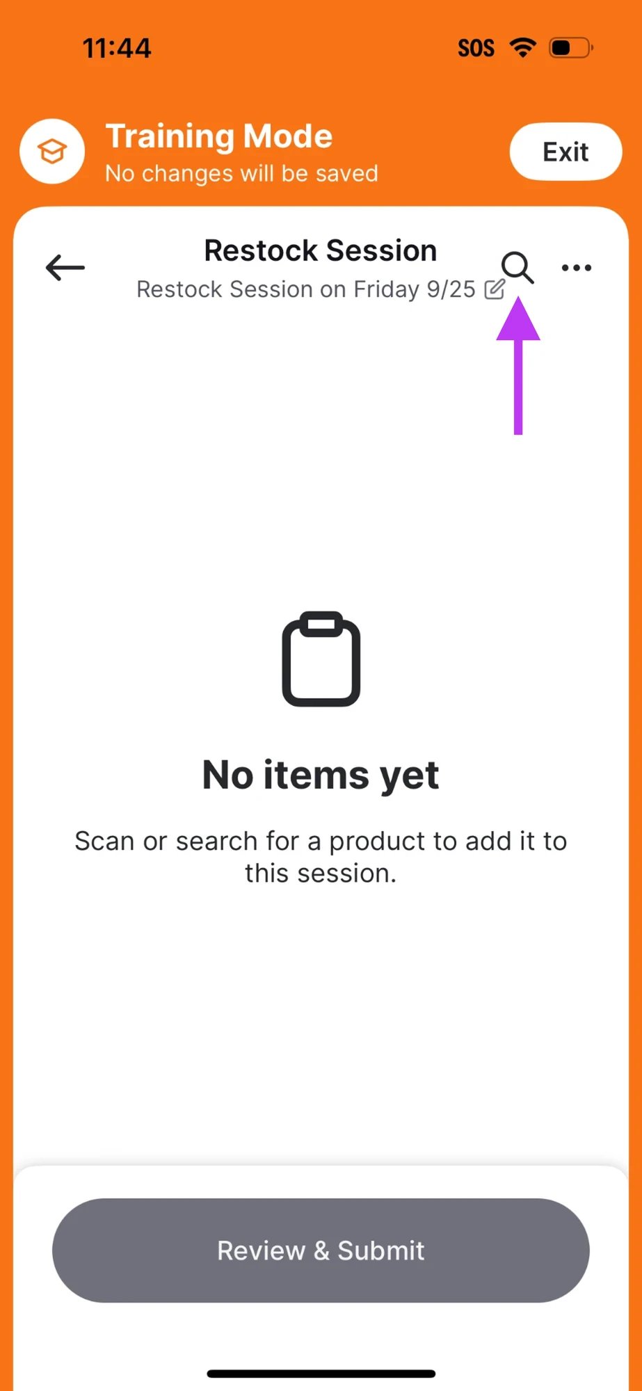 Training Mode Restock Session screen with a No items yet empty state and an arrow pointing to the search icon in the top right