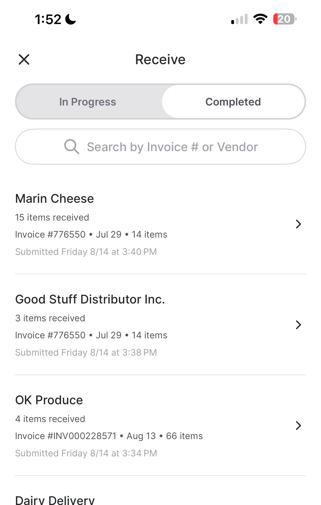 Completed tab showing submitted sessions with the date and time each was submitted