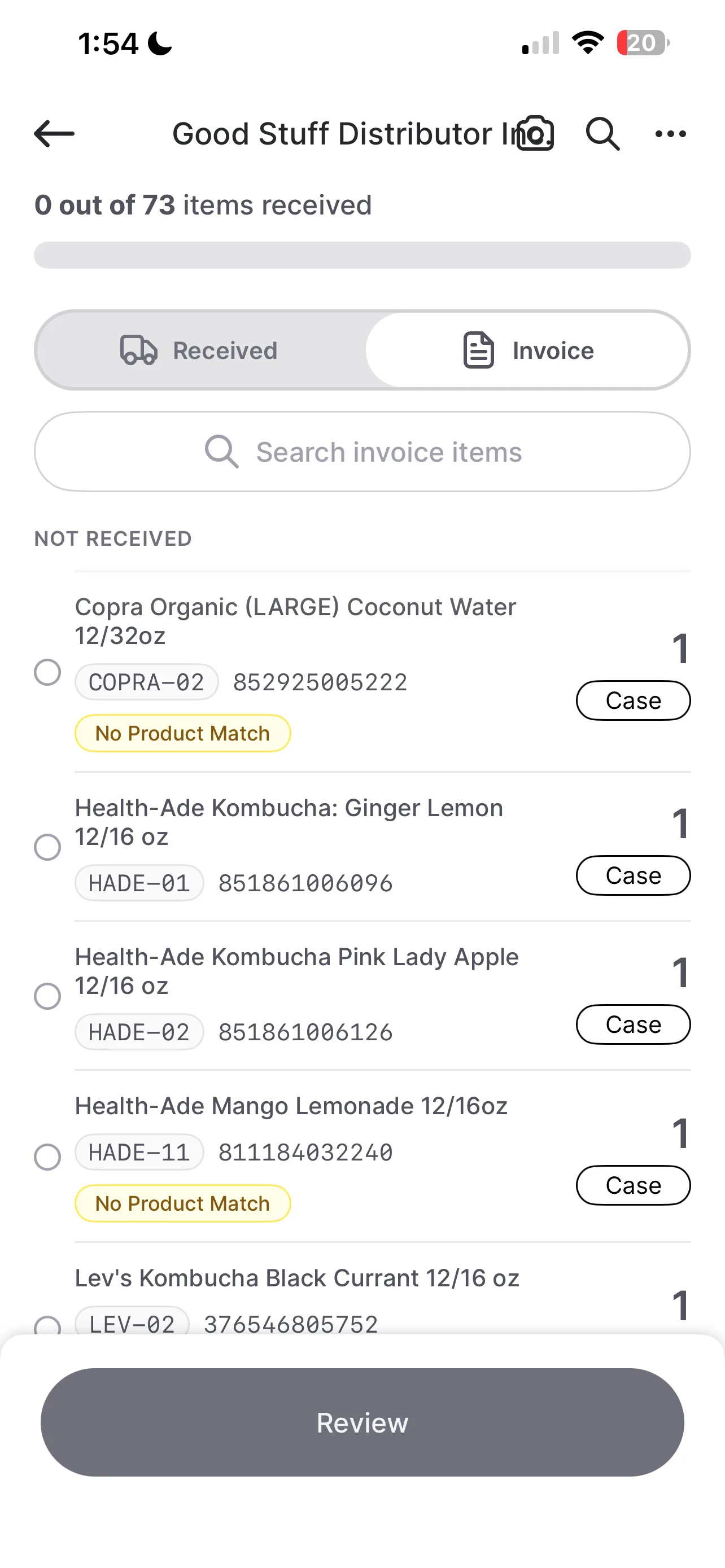 Confirm each product home screen showing 0 out of 73 items received