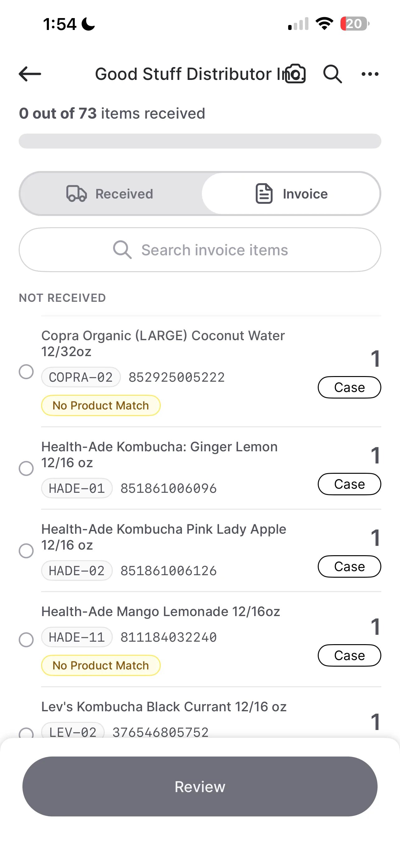 Confirm each product home screen showing 0 out of 73 items received