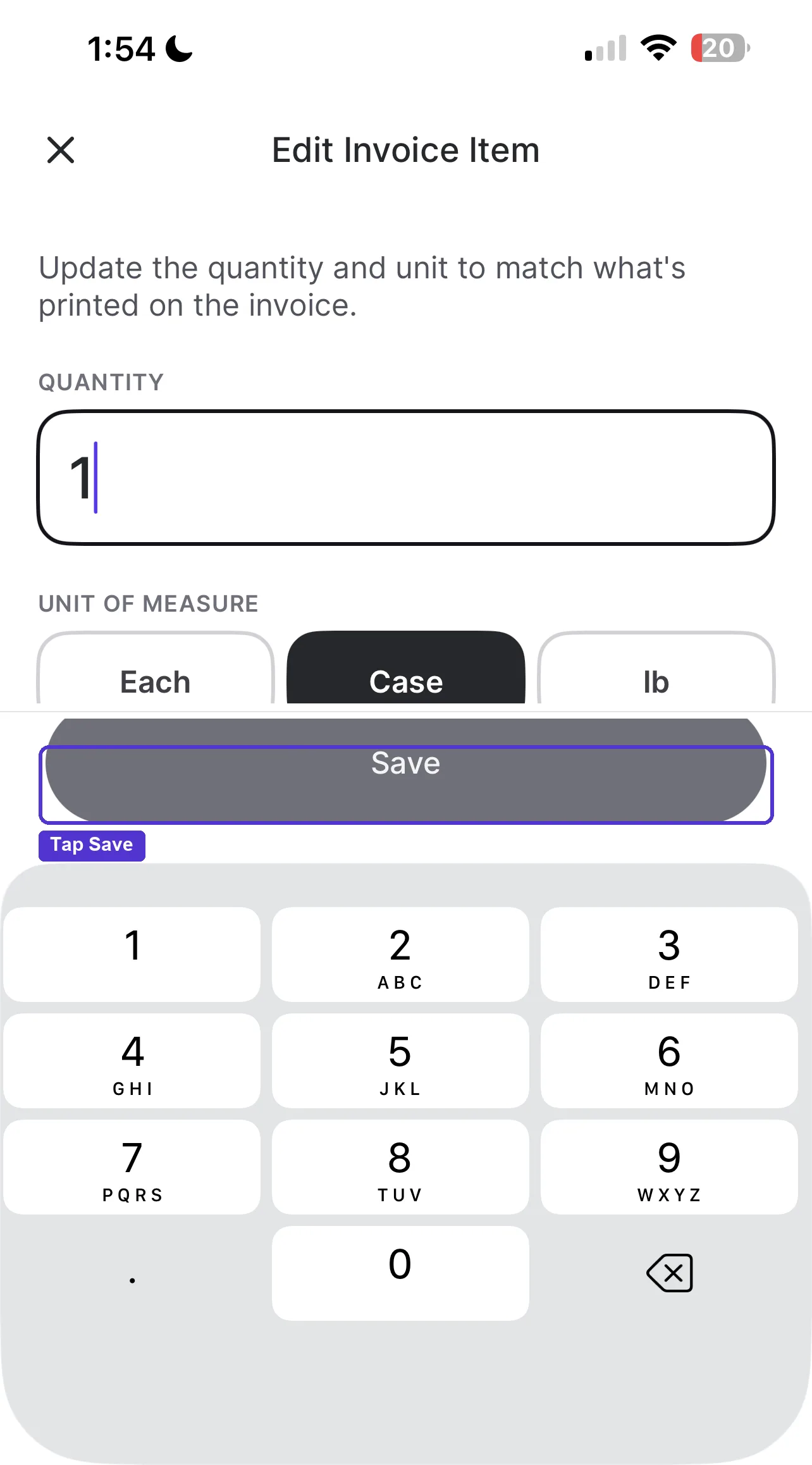 Edit Invoice Item screen with a quantity field and Each, Case, and lb unit options
