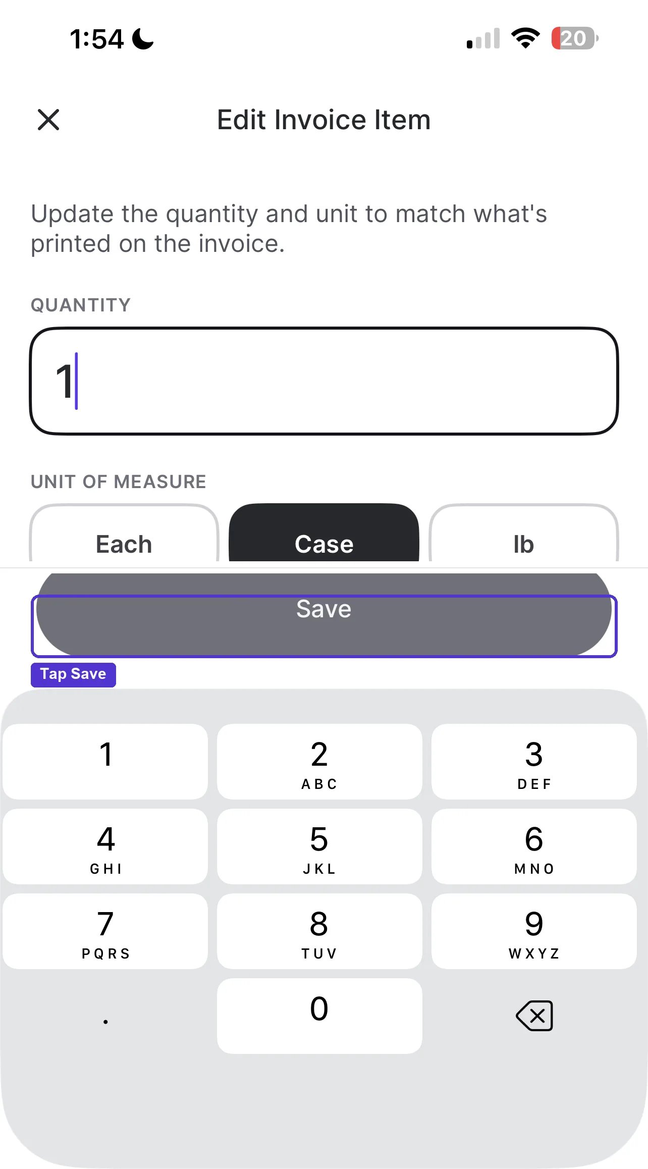 Edit Invoice Item screen with a quantity field and Each, Case, and lb unit options