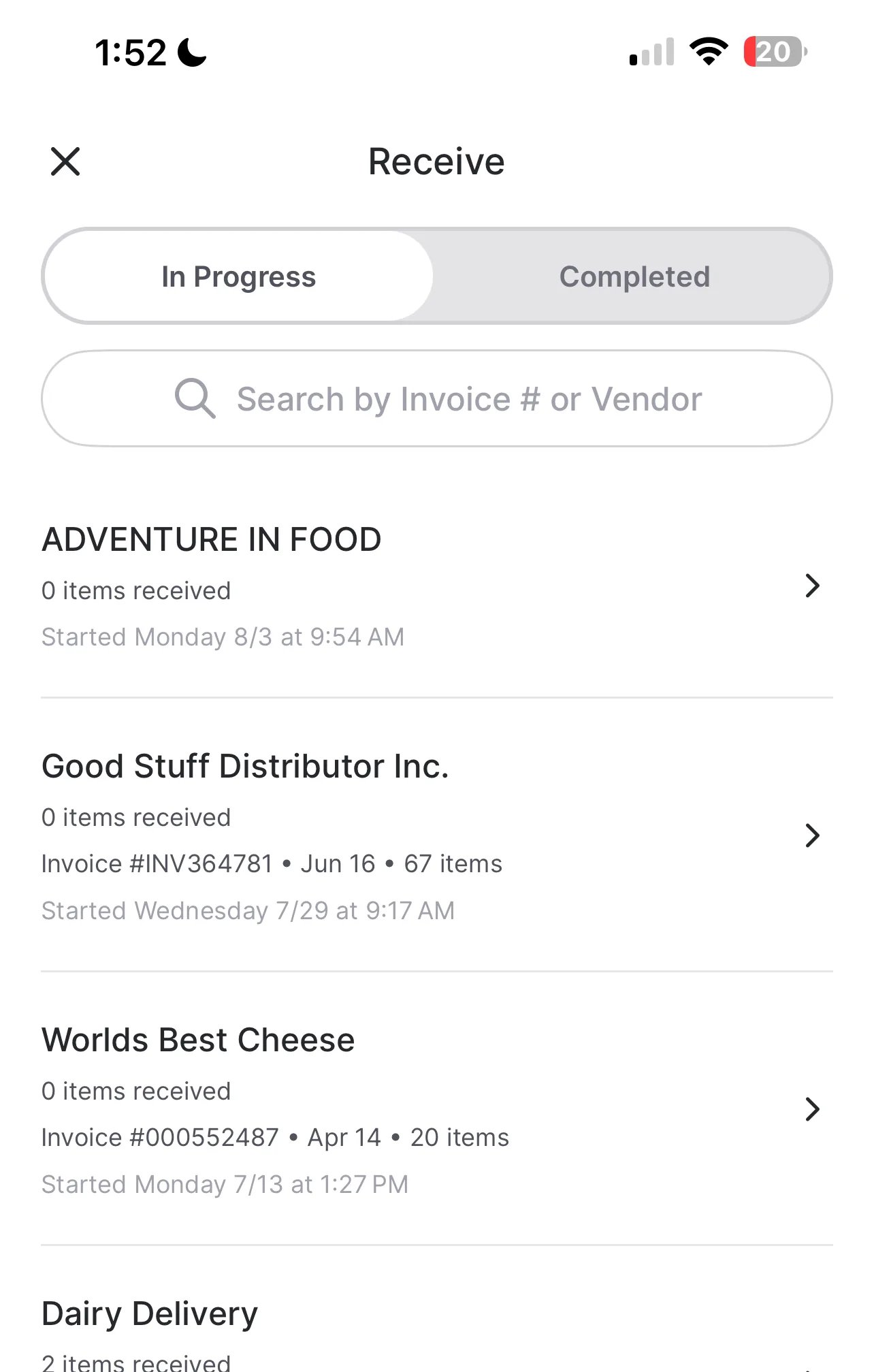 In Progress tab showing sessions with a search bar and a Receive Products button
