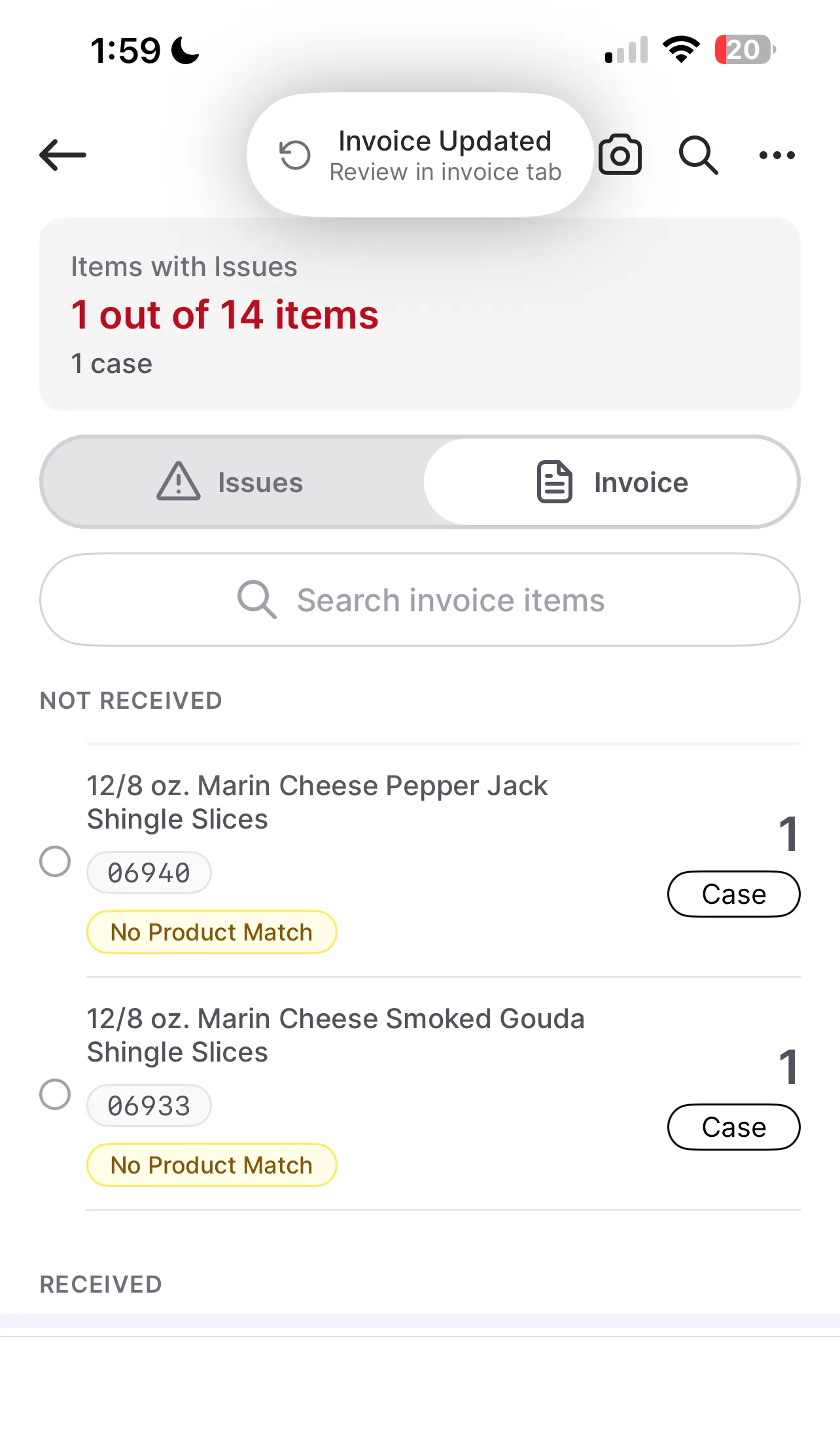 Items with Issues screen showing 1 out of 14 items flagged, with Issues and Invoice toggle tabs