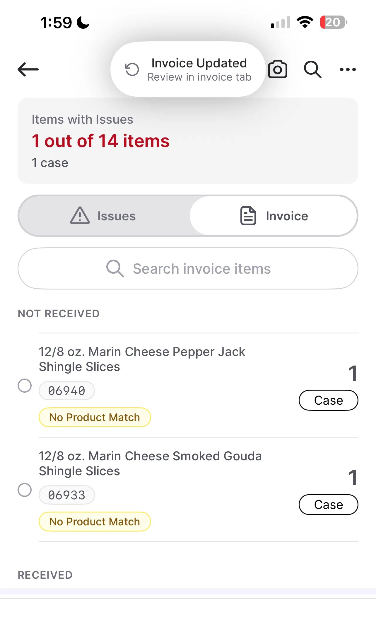 Items with Issues screen showing 1 out of 14 items flagged, with Issues and Invoice toggle tabs