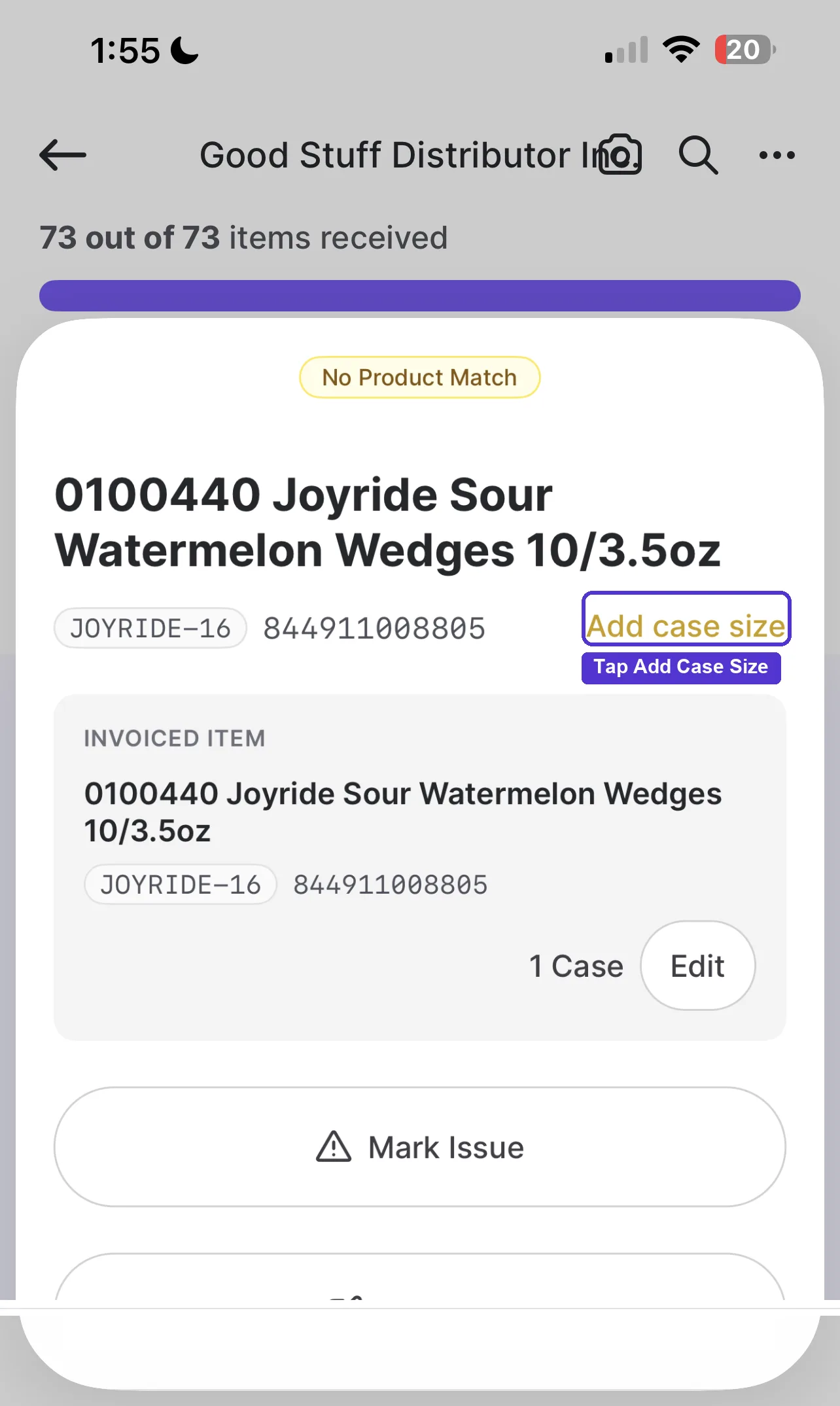 No Product Match item page with an Add Case Size link and Mark Issue, Add Note, and Receive All on Invoice buttons
