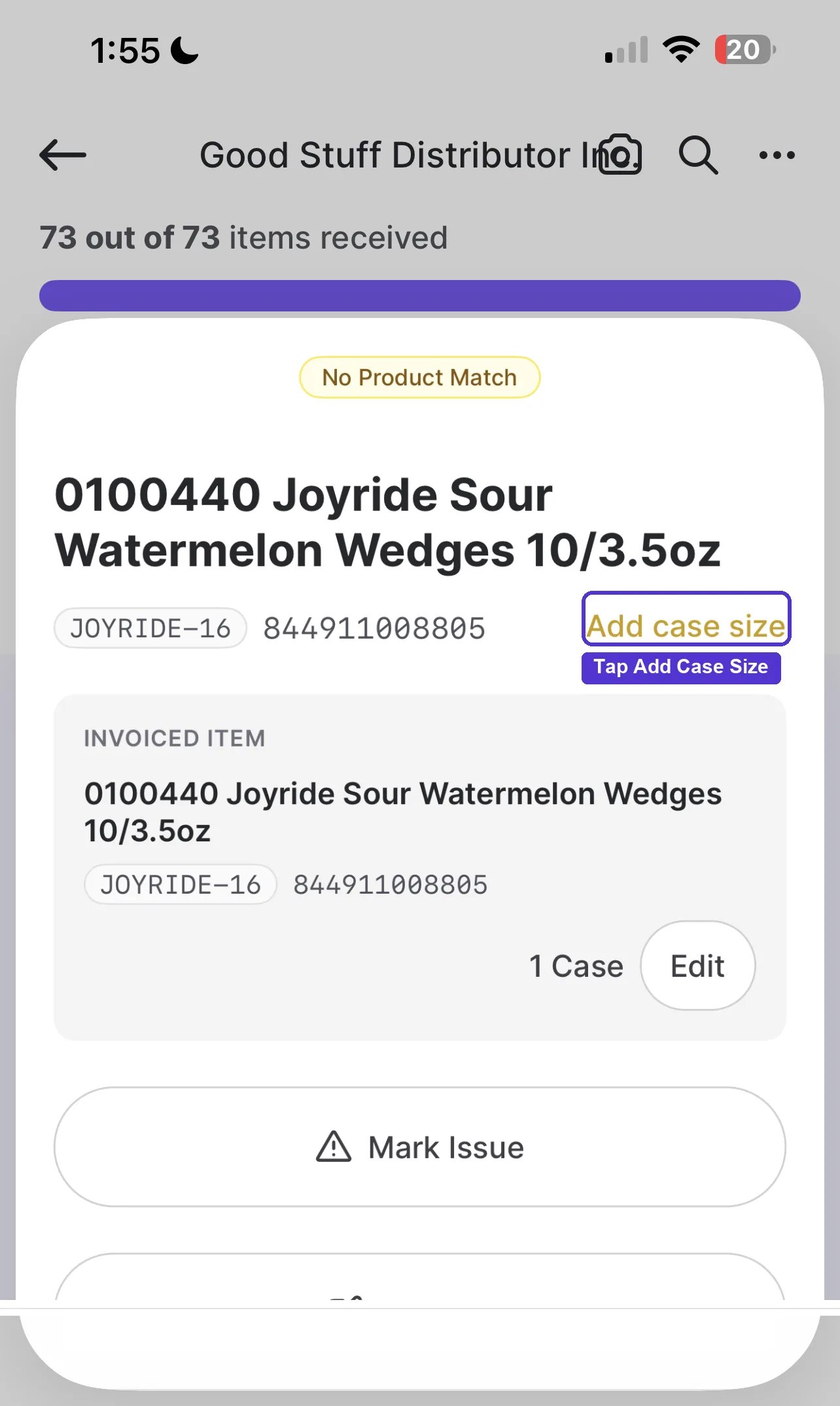 No Product Match item page with an Add Case Size link and Mark Issue, Add Note, and Receive All on Invoice buttons