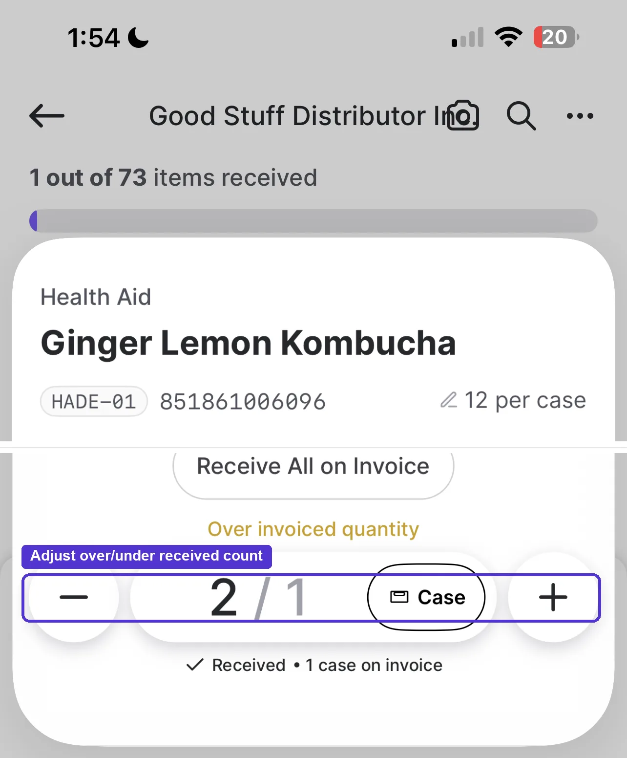 Mark Issue screen showing an over invoiced quantity of 2 out of 1 case