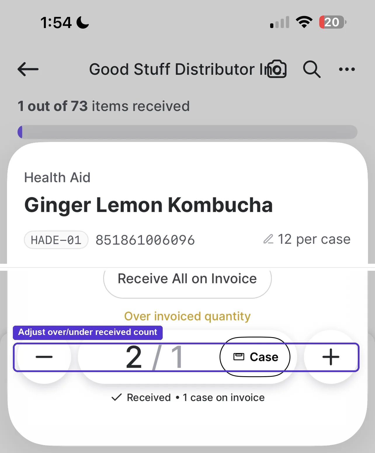 Mark Issue screen showing an over invoiced quantity of 2 out of 1 case
