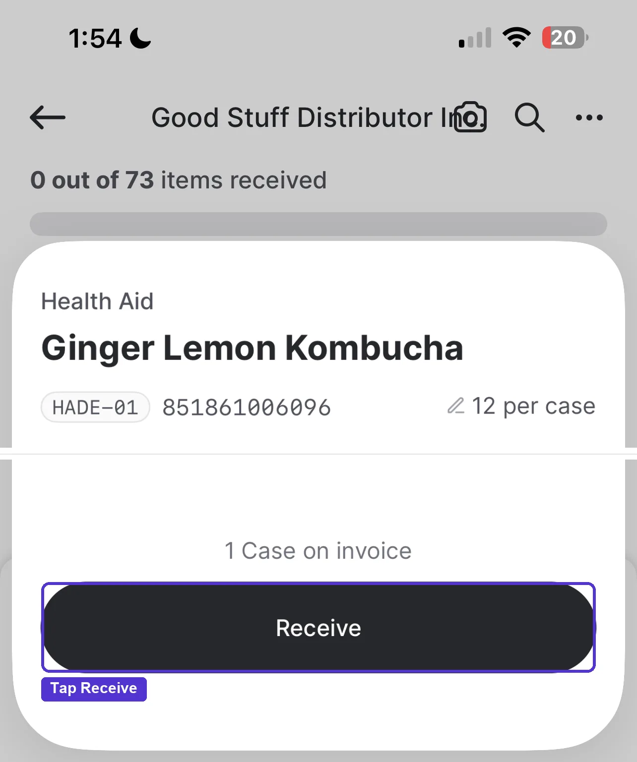 Item detail page for an invoiced item with a Receive button at the bottom