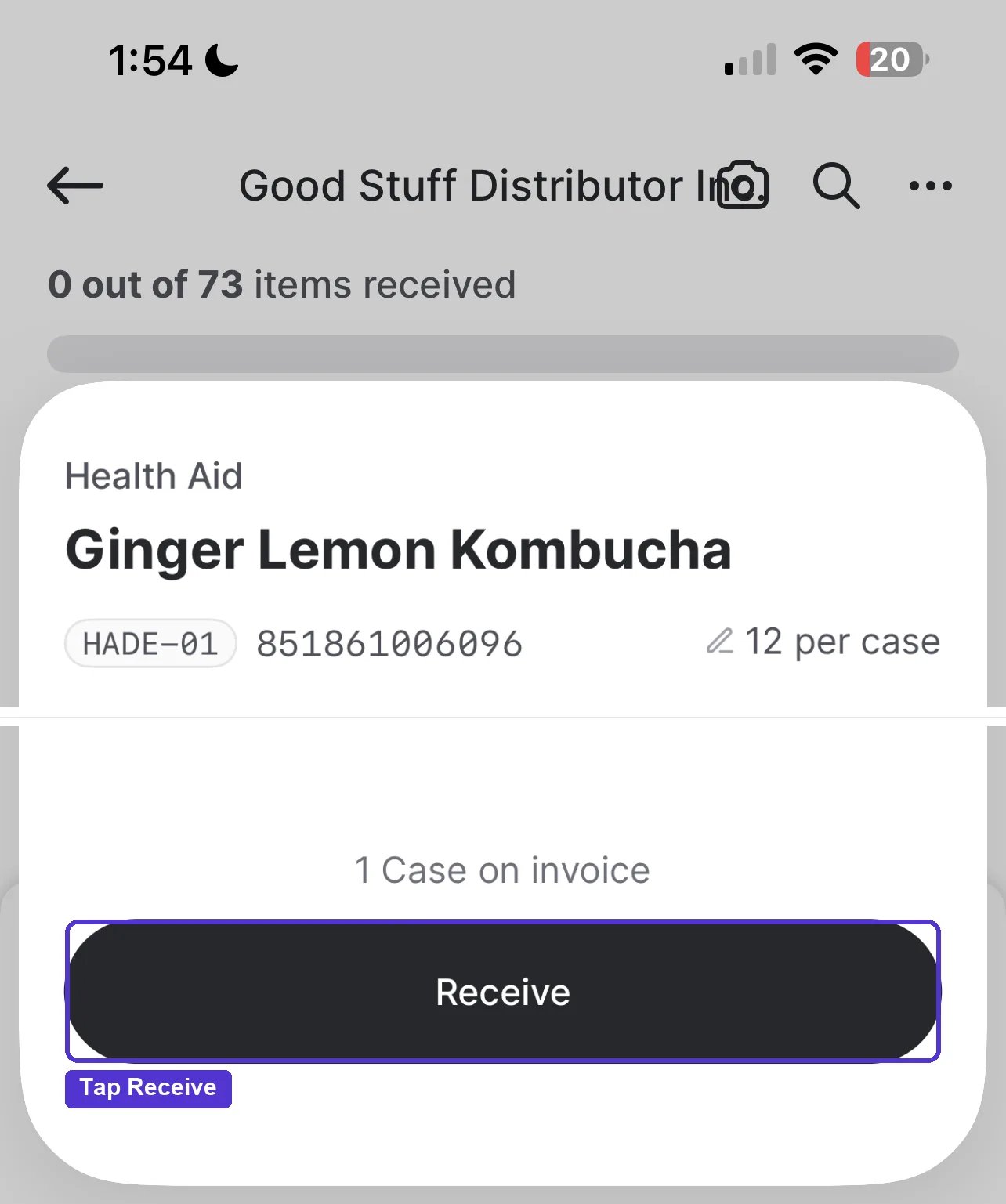Item detail page for an invoiced item with a Receive button at the bottom